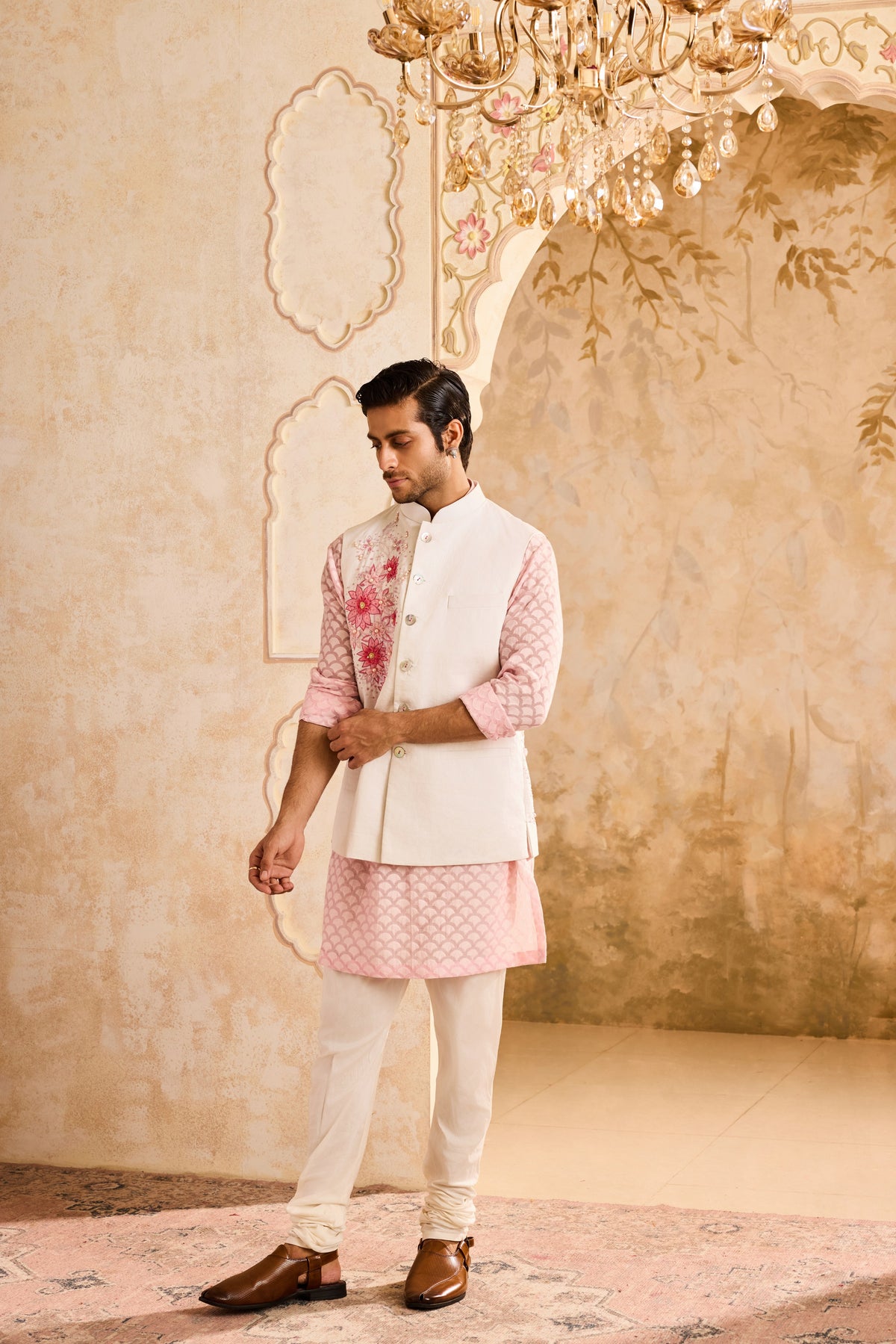 IVORY 3-D EMBROIDERED FLORAL WORK BUNDI WITH PINK KURTA CHURIDAR