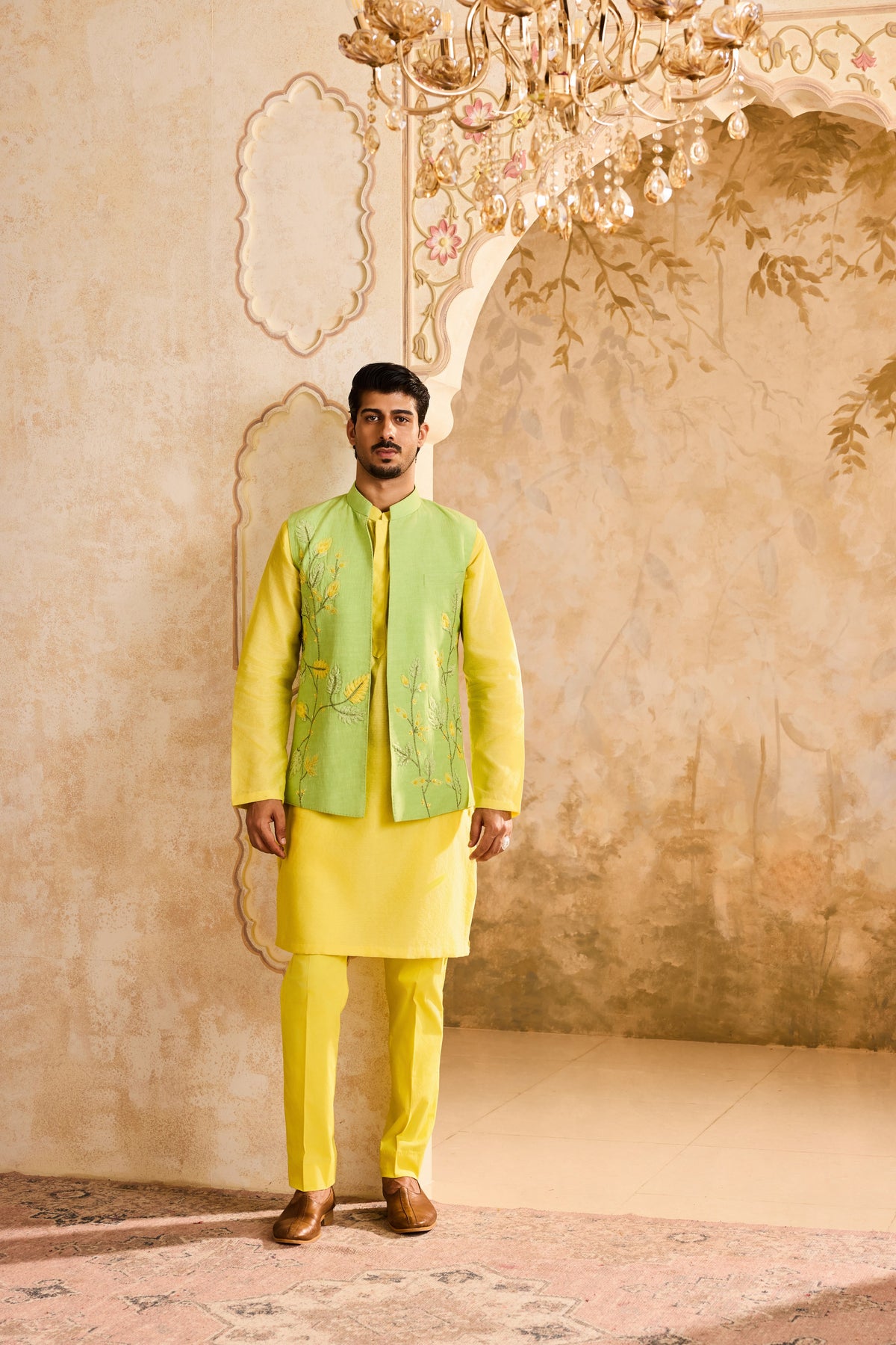 GREEN 3-D EMBROIDERED FLORAL WORK BUNDI WITH YELLOW KURTA PANT