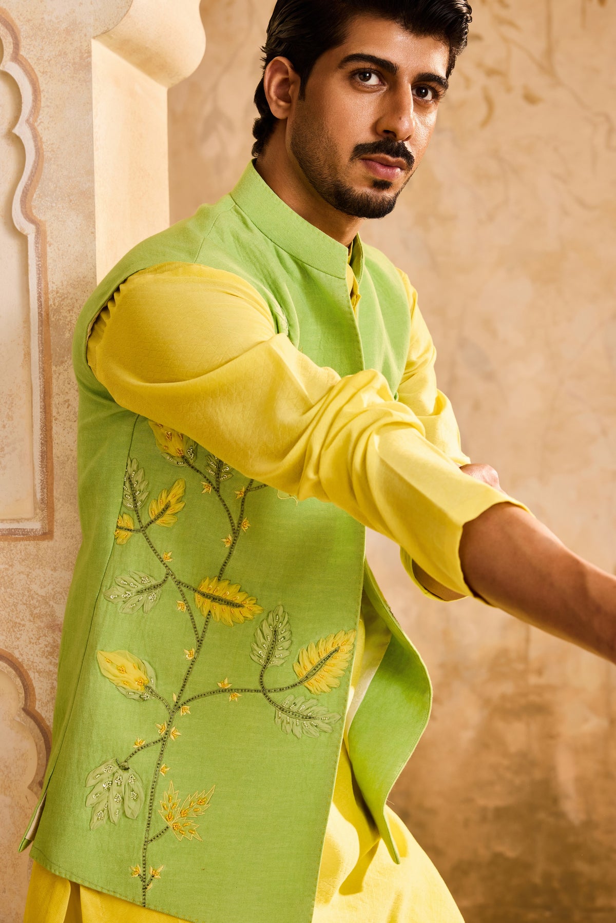 GREEN 3-D EMBROIDERED FLORAL WORK BUNDI WITH YELLOW KURTA PANT
