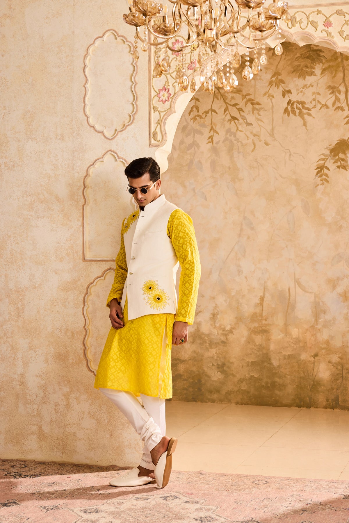 IVORY 3-D EMBROIDERED FLORAL WORK BUNDI WITH YELLOW KURTA CHURIDAR