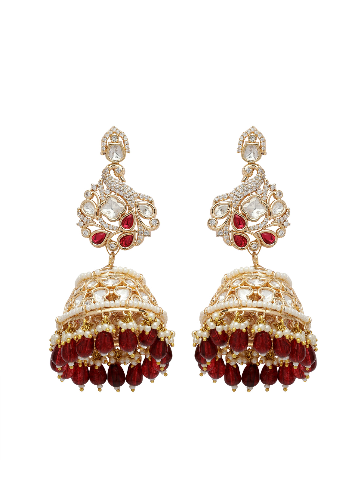 Xago Mayuraragini Kundan Peacock Jhumka Earrings With Ruby Drops