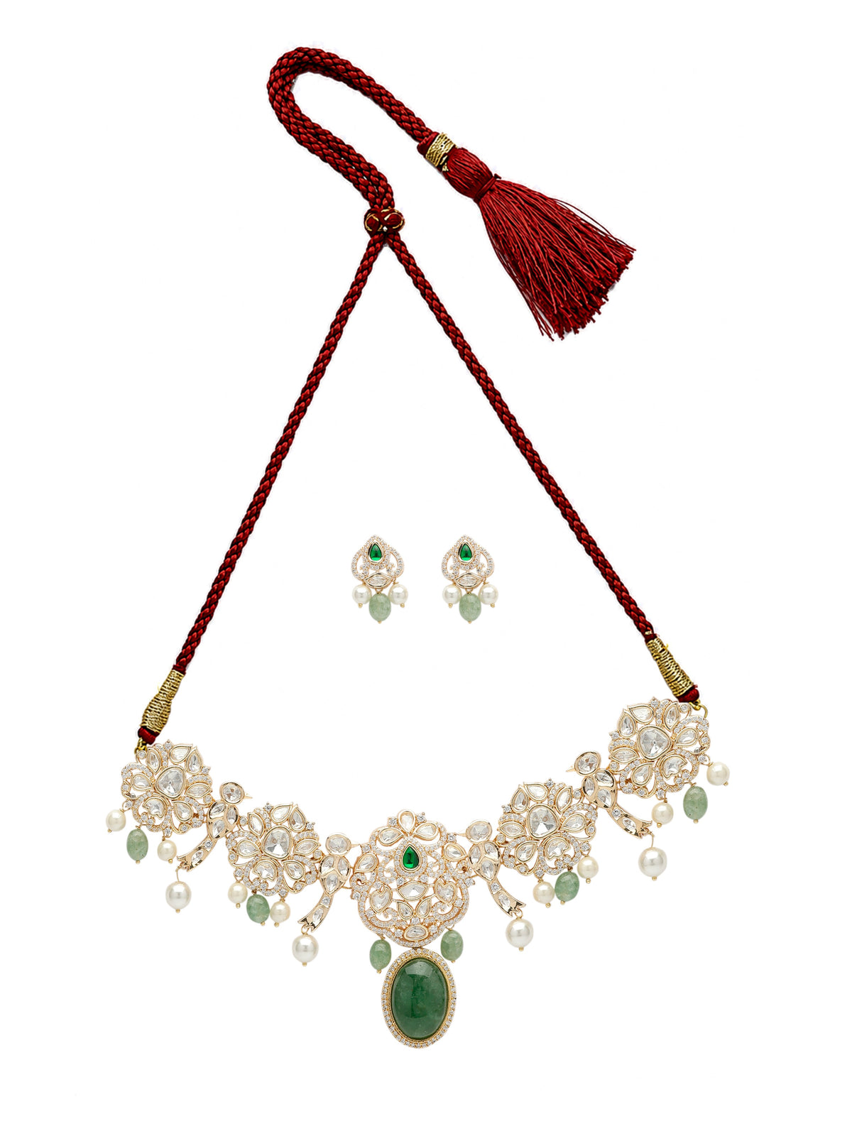 Xago Elegant Green Stone & Pearl Kundan-Style Choker Necklace Set