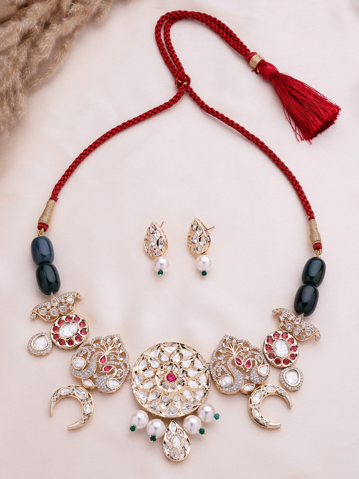 Xago Polki and Emerald Bead Statement Necklace Set