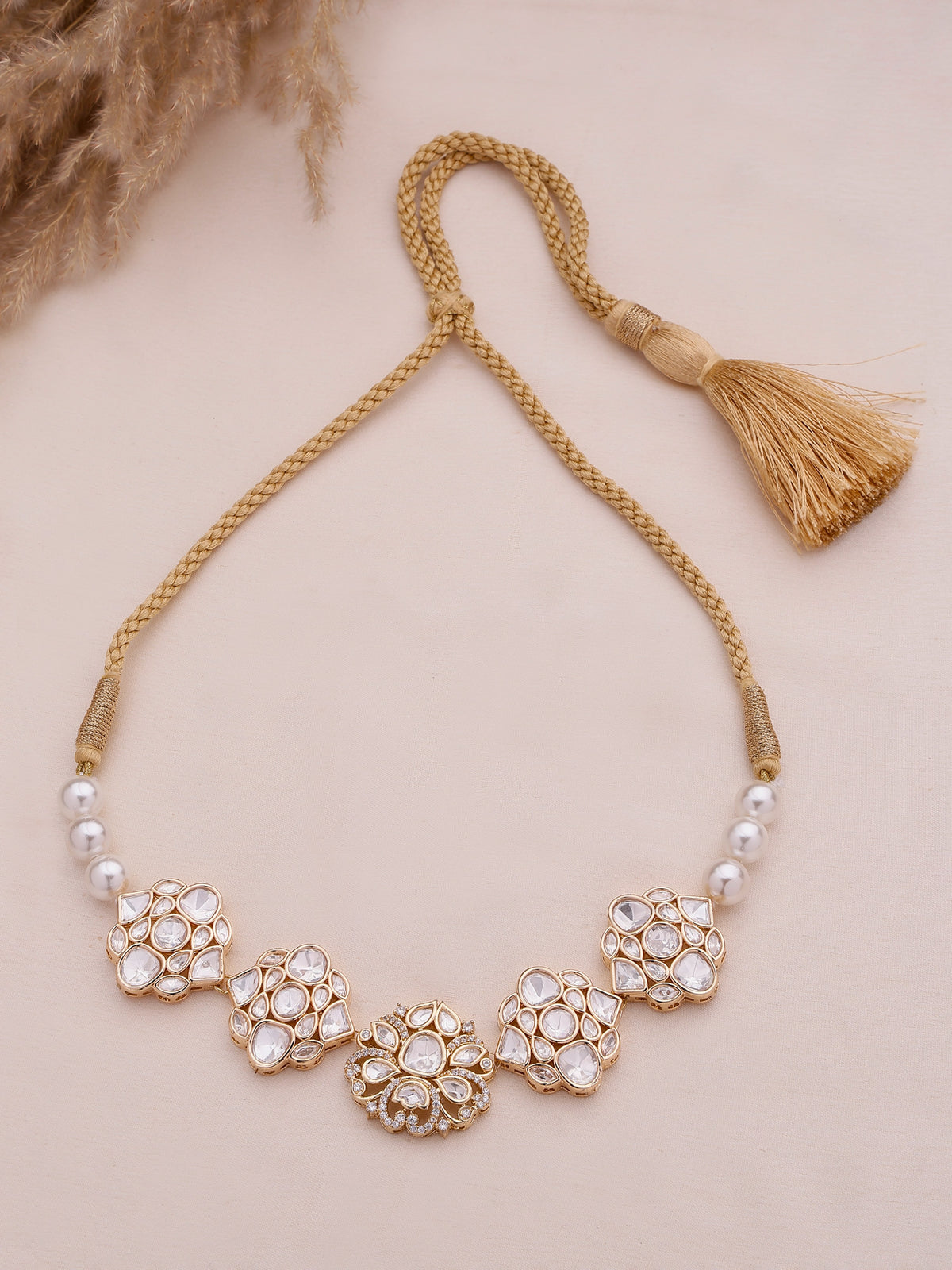 Xago Elegant Crystal Flower Motif Pearl Strand Choker Necklace