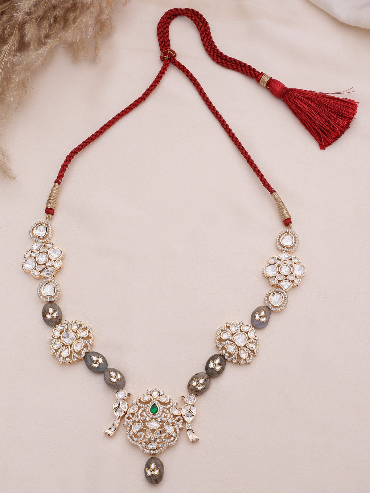 Xago Elegant Grey Natural Stone & Crystal Floral Pendant Statement Necklace