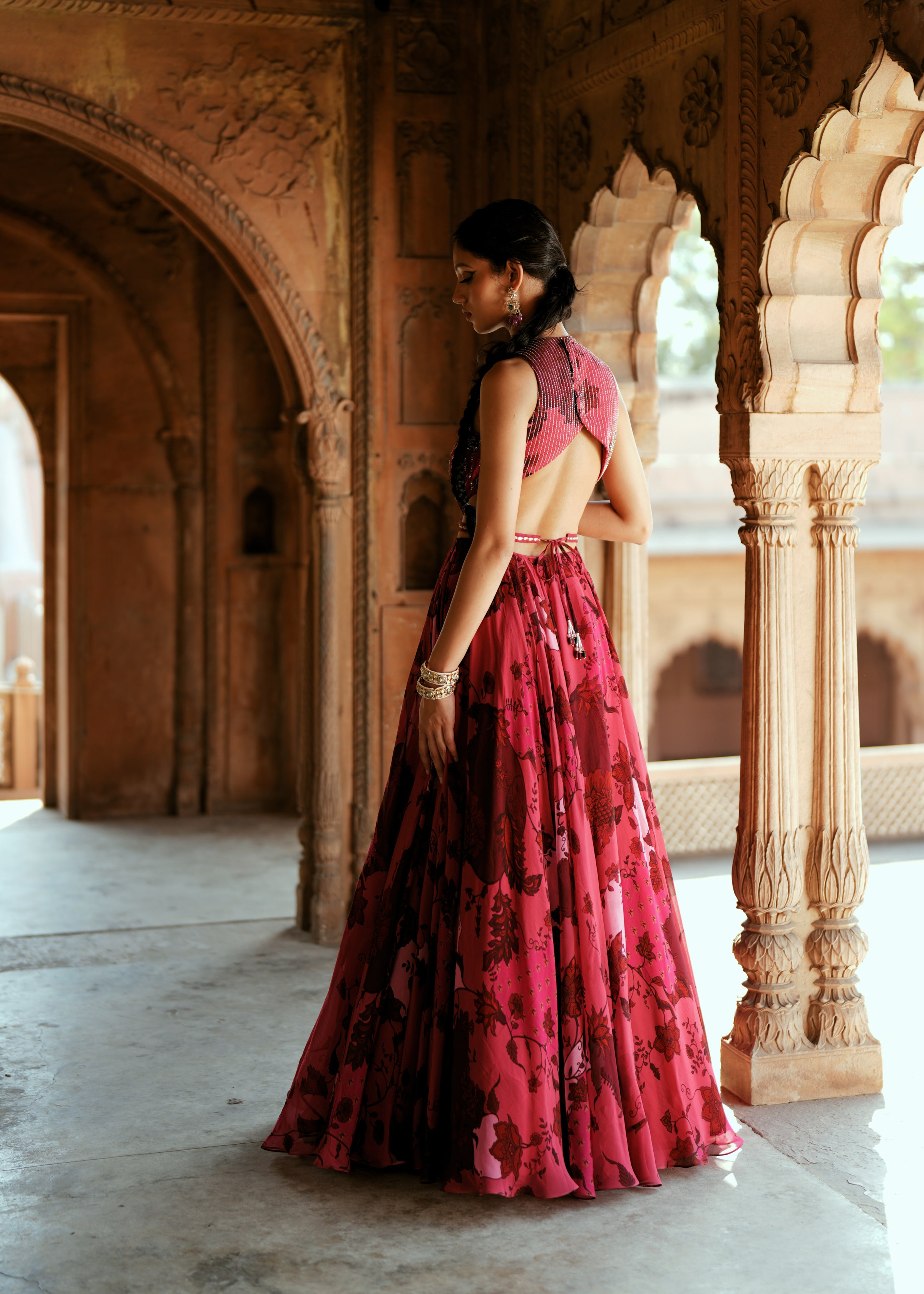 Pink Floral organza embroidered anarkali set