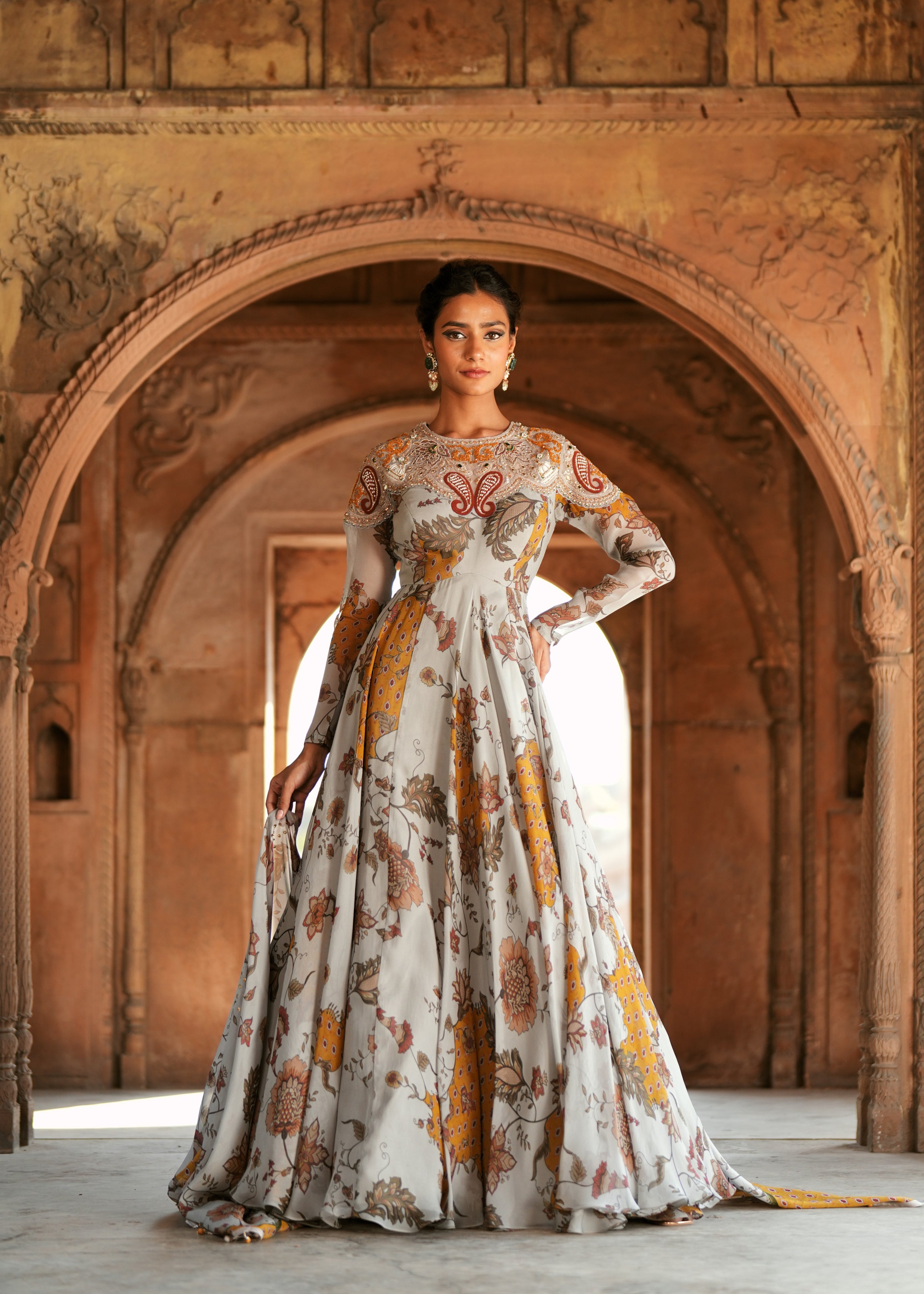 Grey floral organza embroidered anarkali set