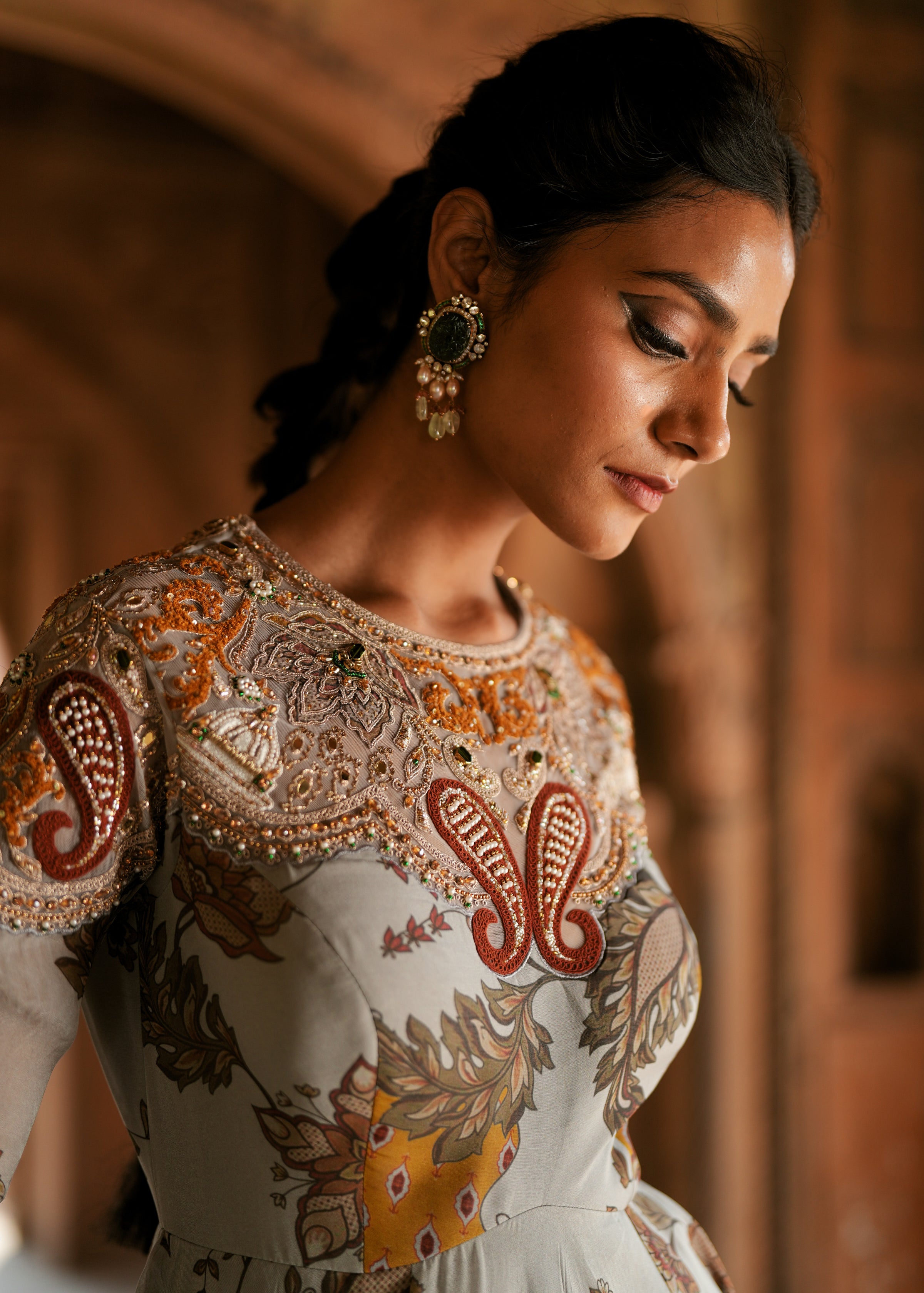 Grey floral organza embroidered anarkali set