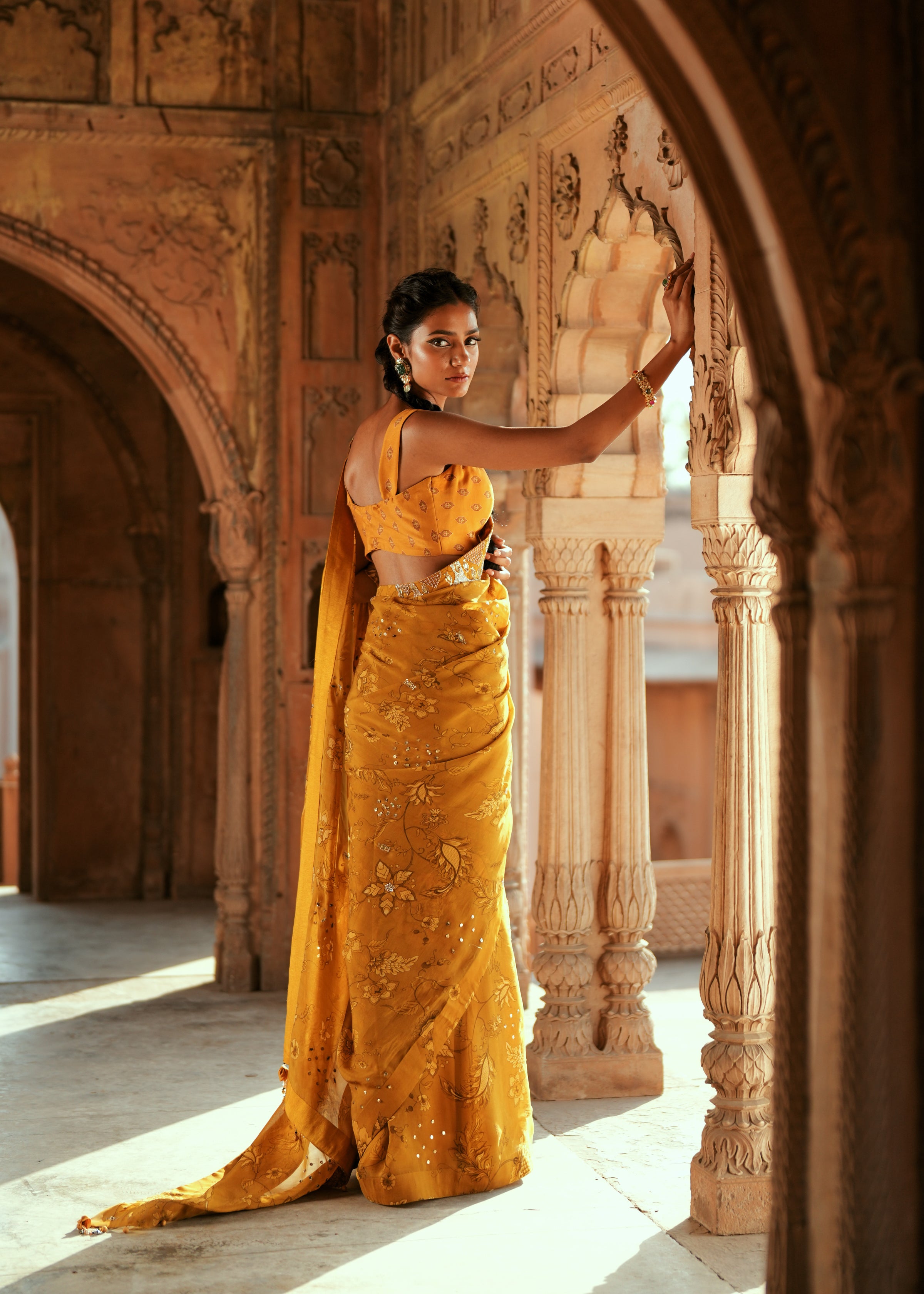 Golden Floral organza embroidered saree set