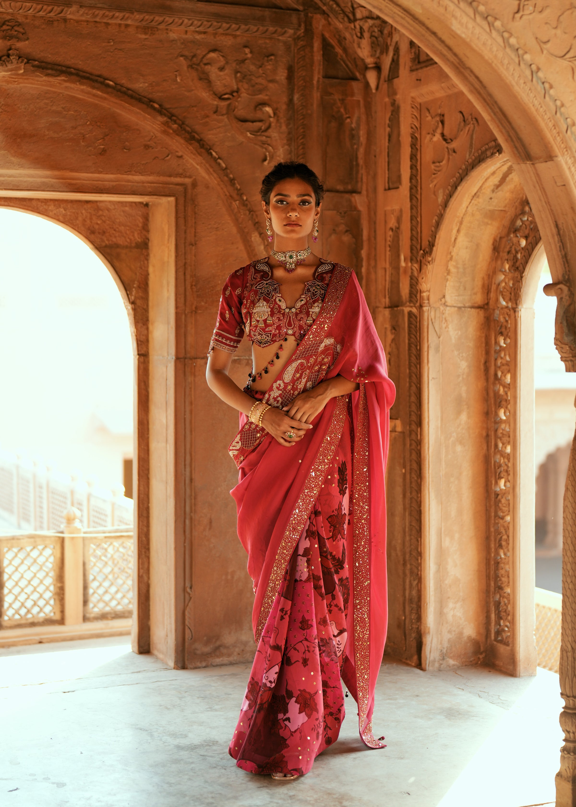 Pink organza embroidered saree set