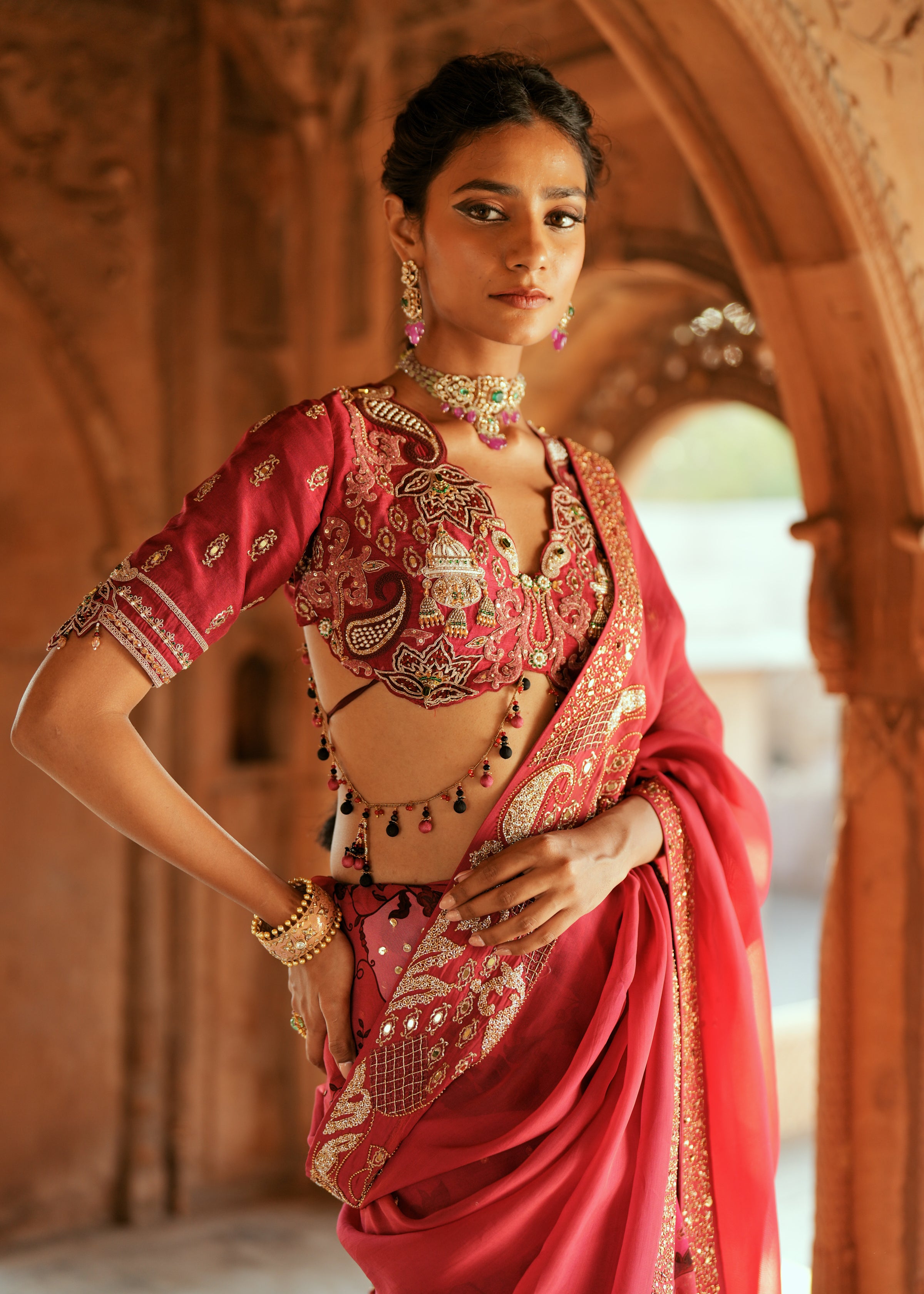 Pink organza embroidered saree set