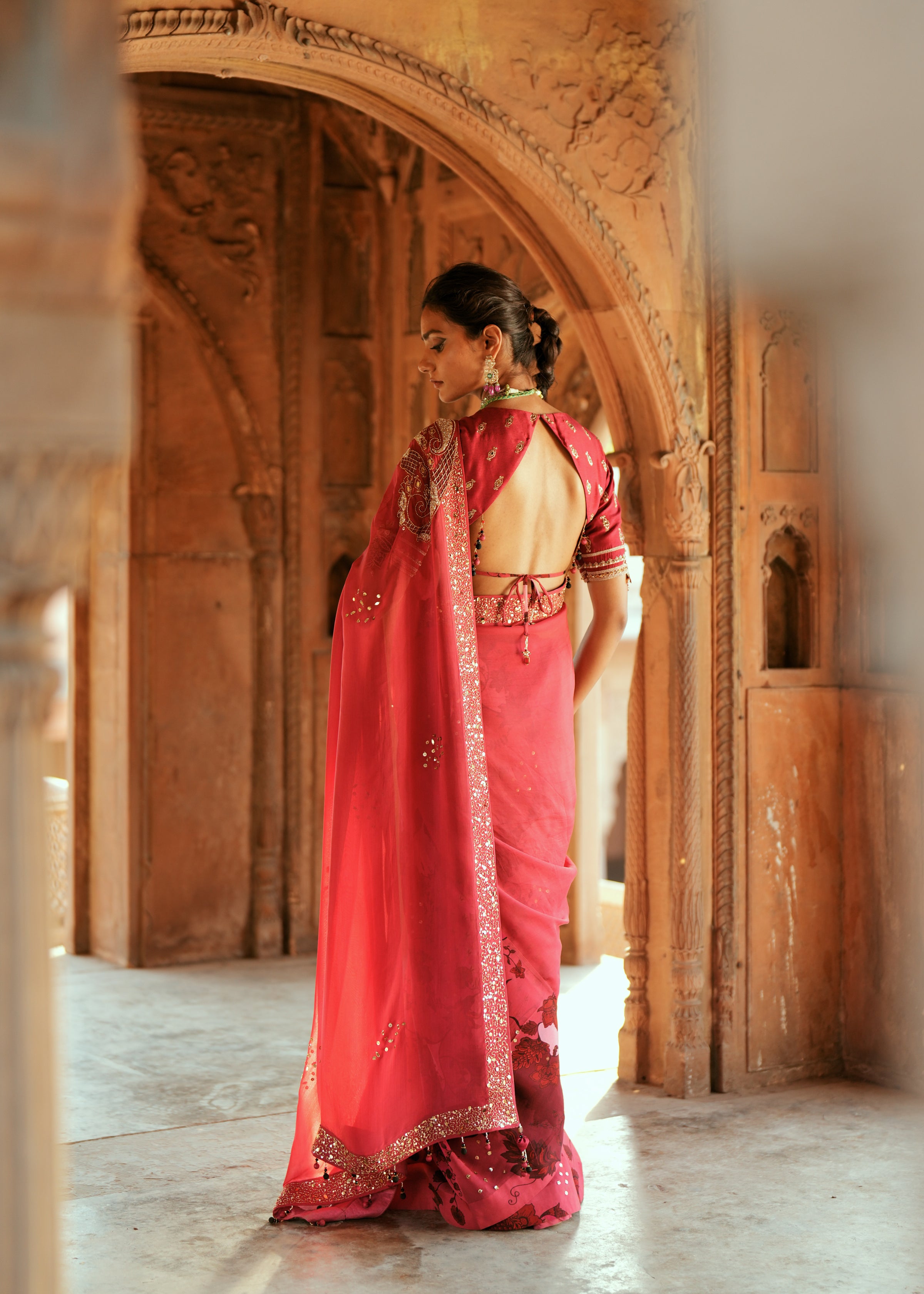 Pink organza embroidered saree set