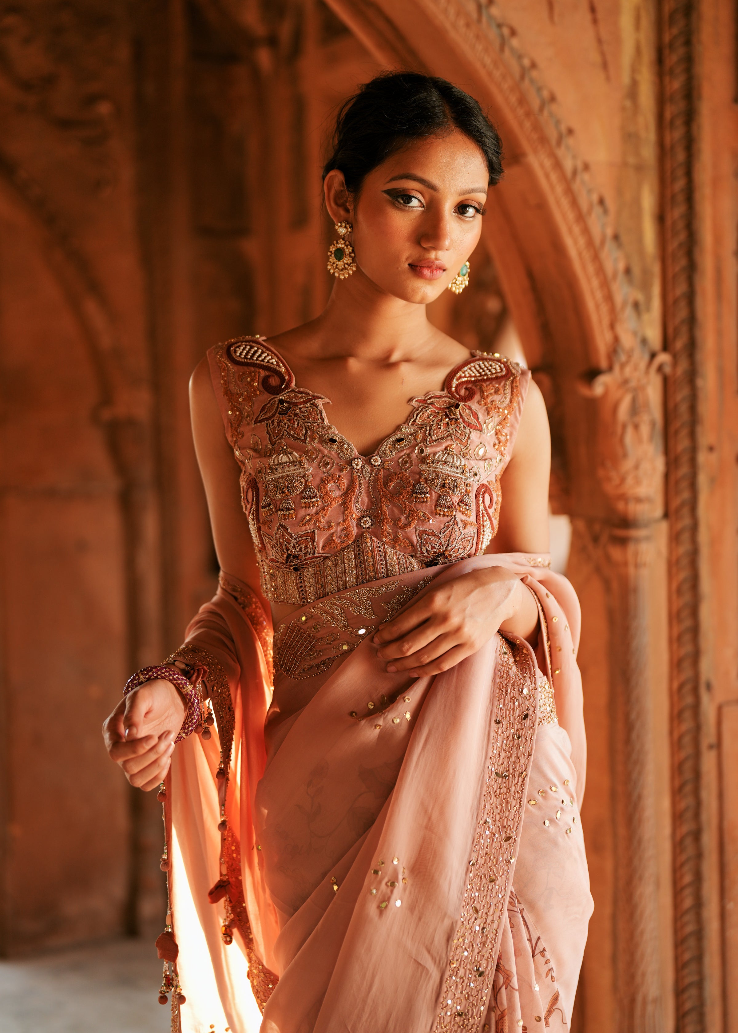 Powder pink organza embroidered saree set