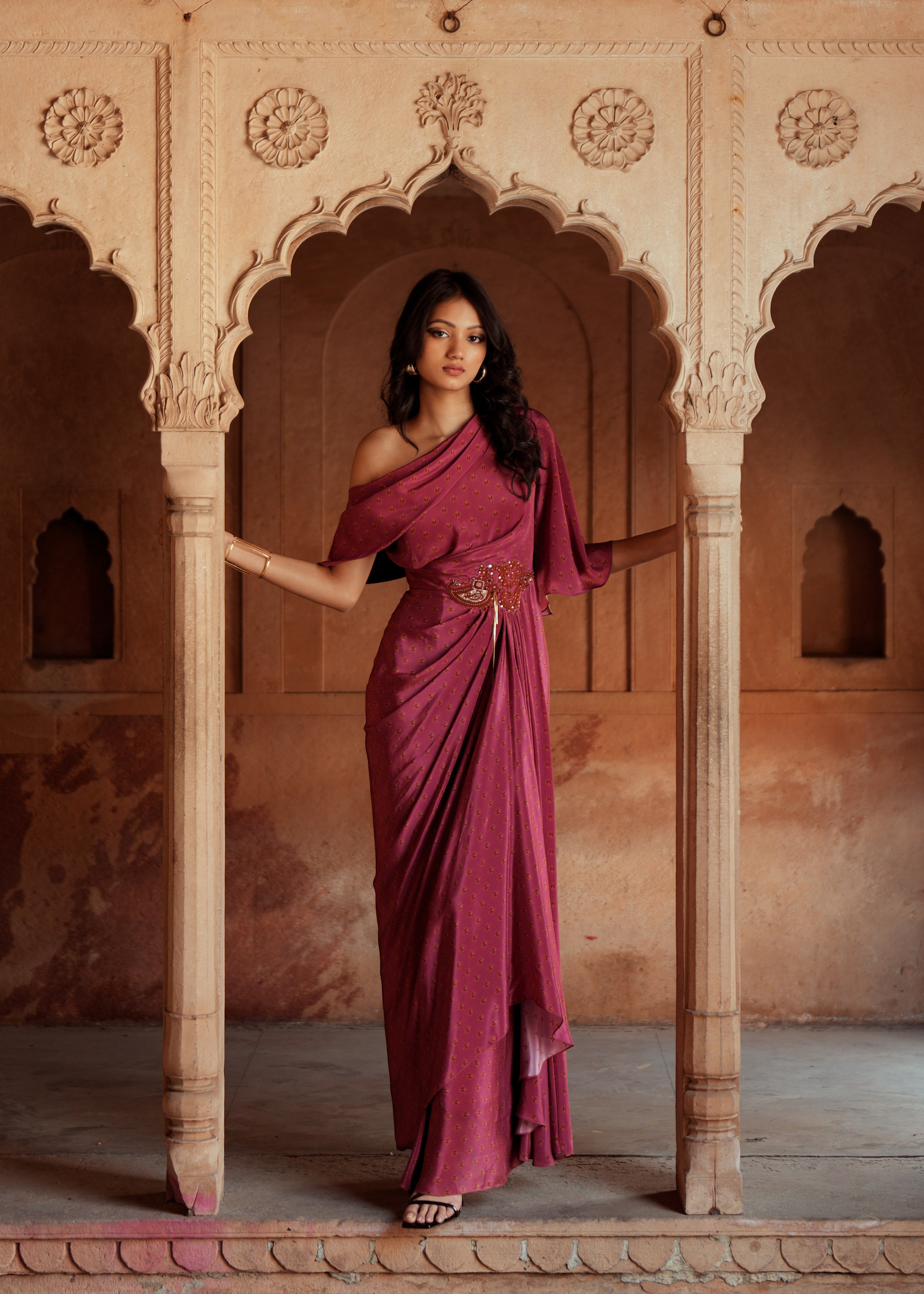 Mulberry pink embroidered one shoulder drape dress