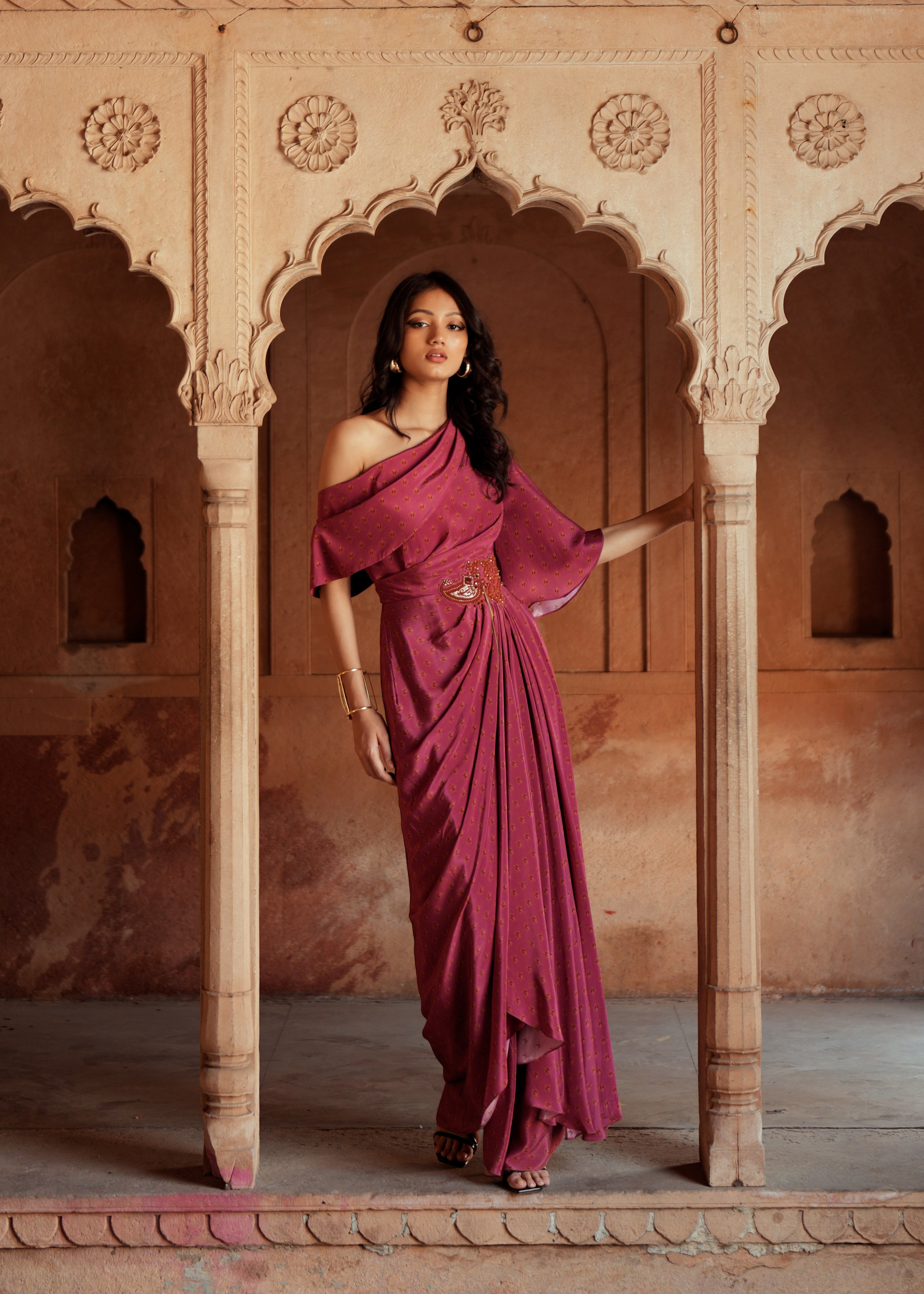 Mulberry pink embroidered one shoulder drape dress