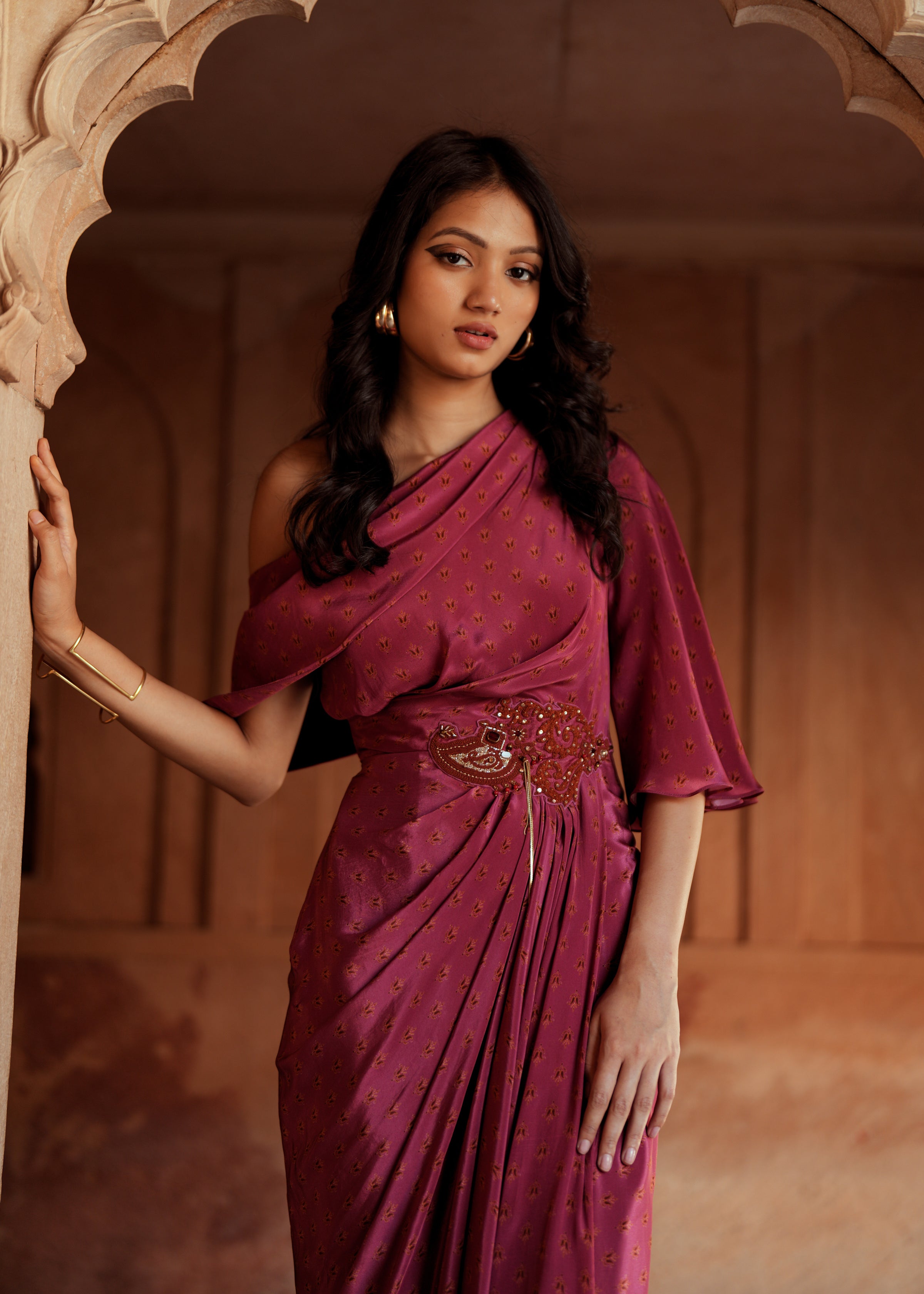 Mulberry pink embroidered one shoulder drape dress