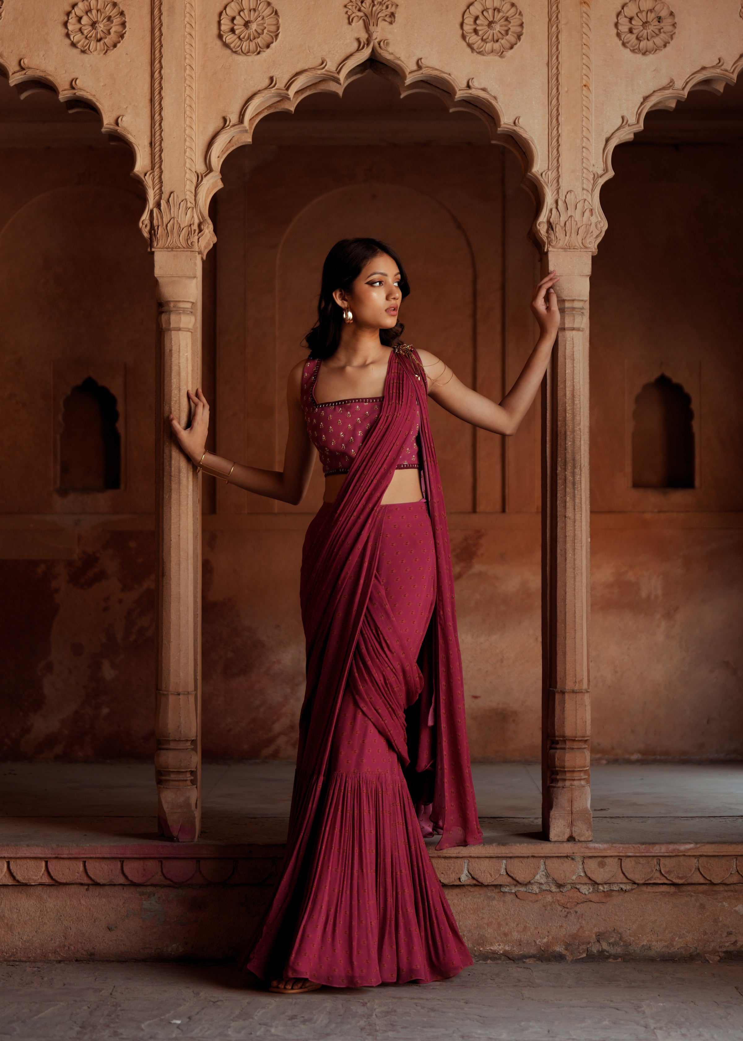 Mulberry pink embroidered pre stitch drape saree set