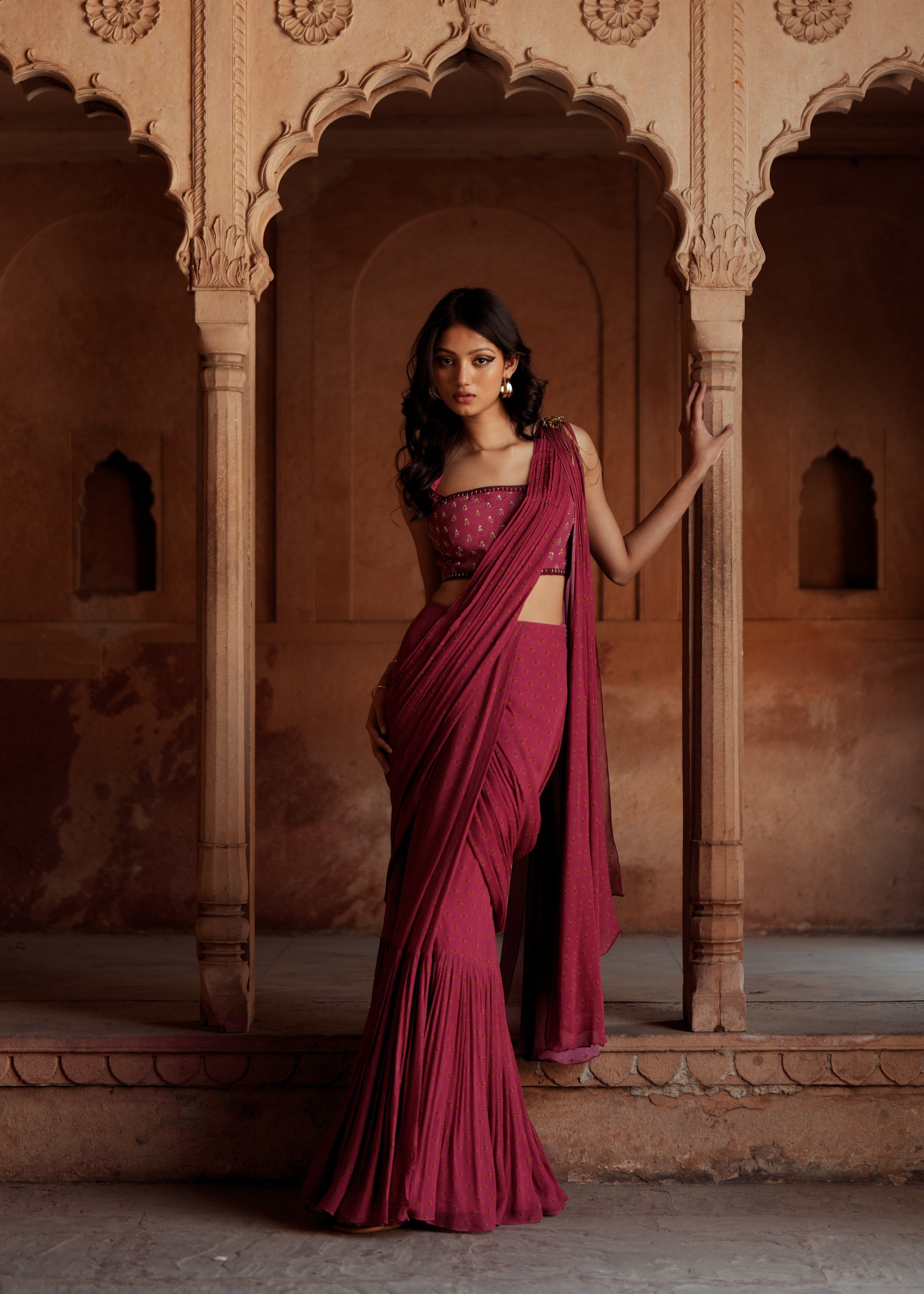 Mulberry pink embroidered pre stitch drape saree set