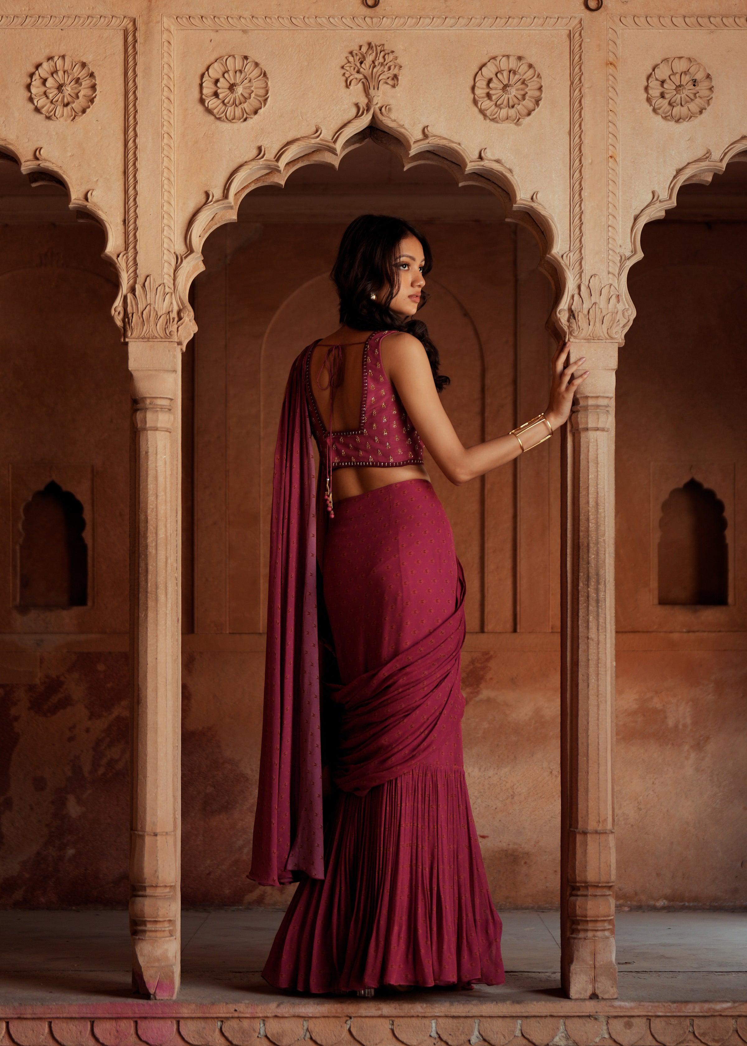 Mulberry pink embroidered pre stitch drape saree set