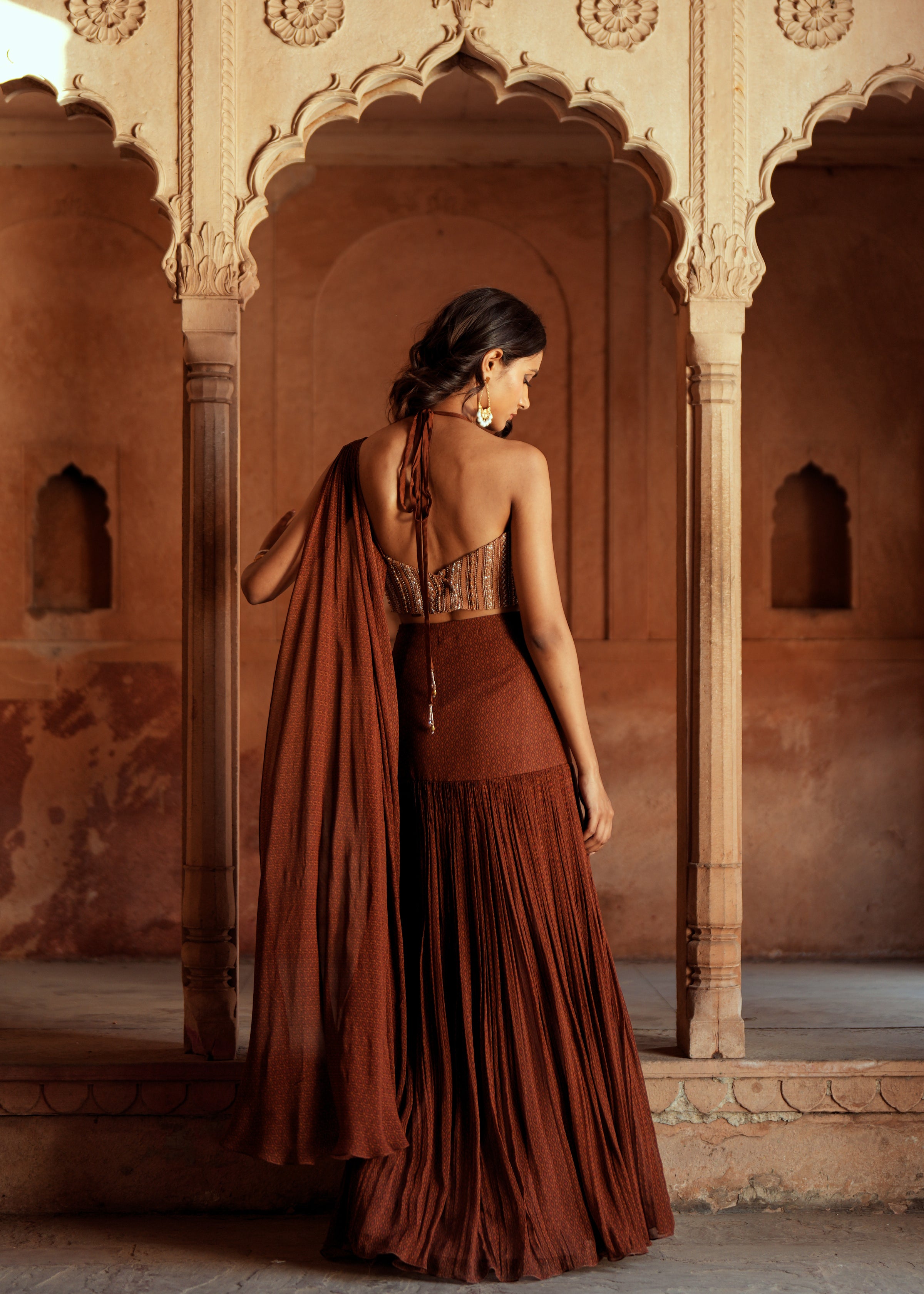Brown embroidered pre stitch drape saree set