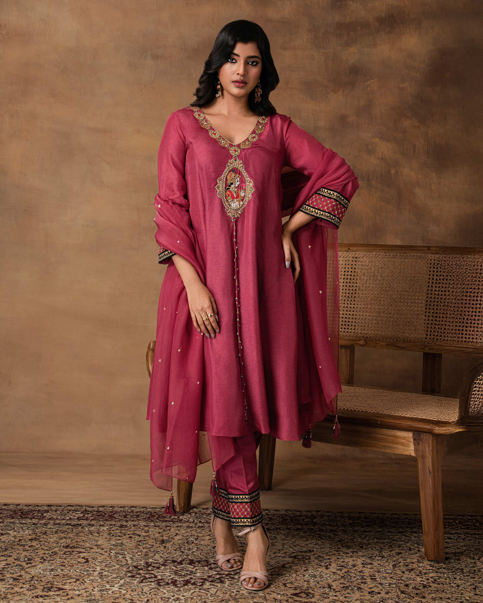 Pink silk embroidered kurta set