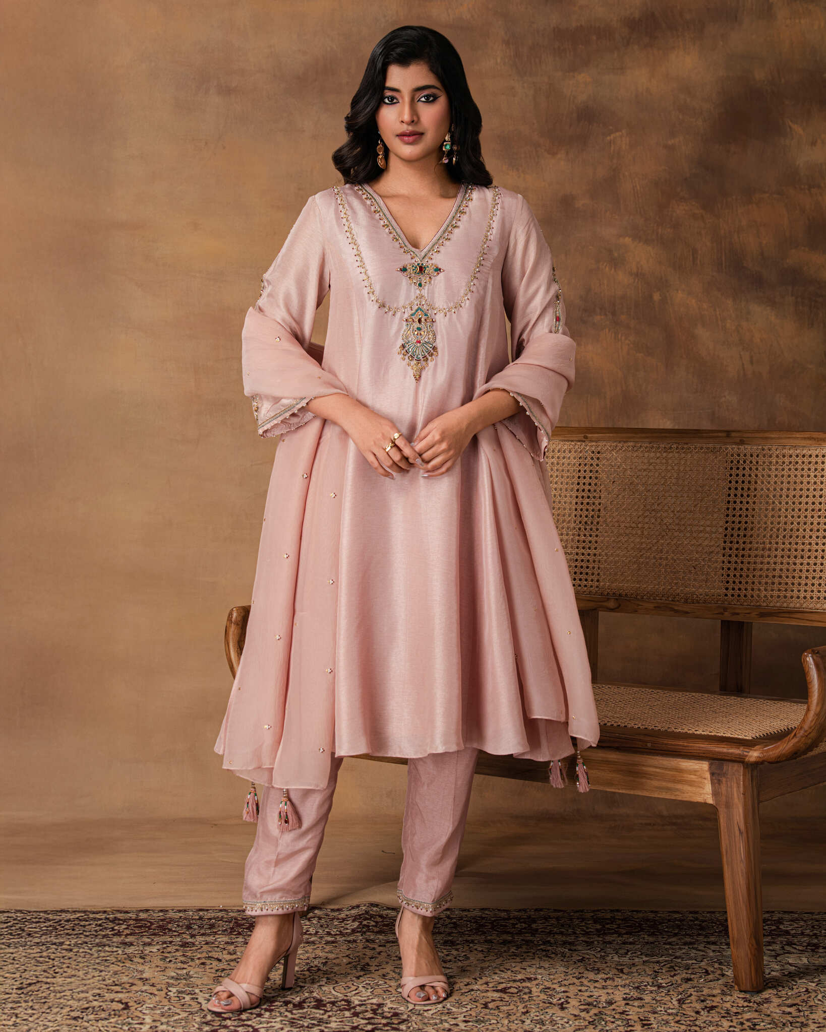 Pastel Pink silk embroidered kurta set