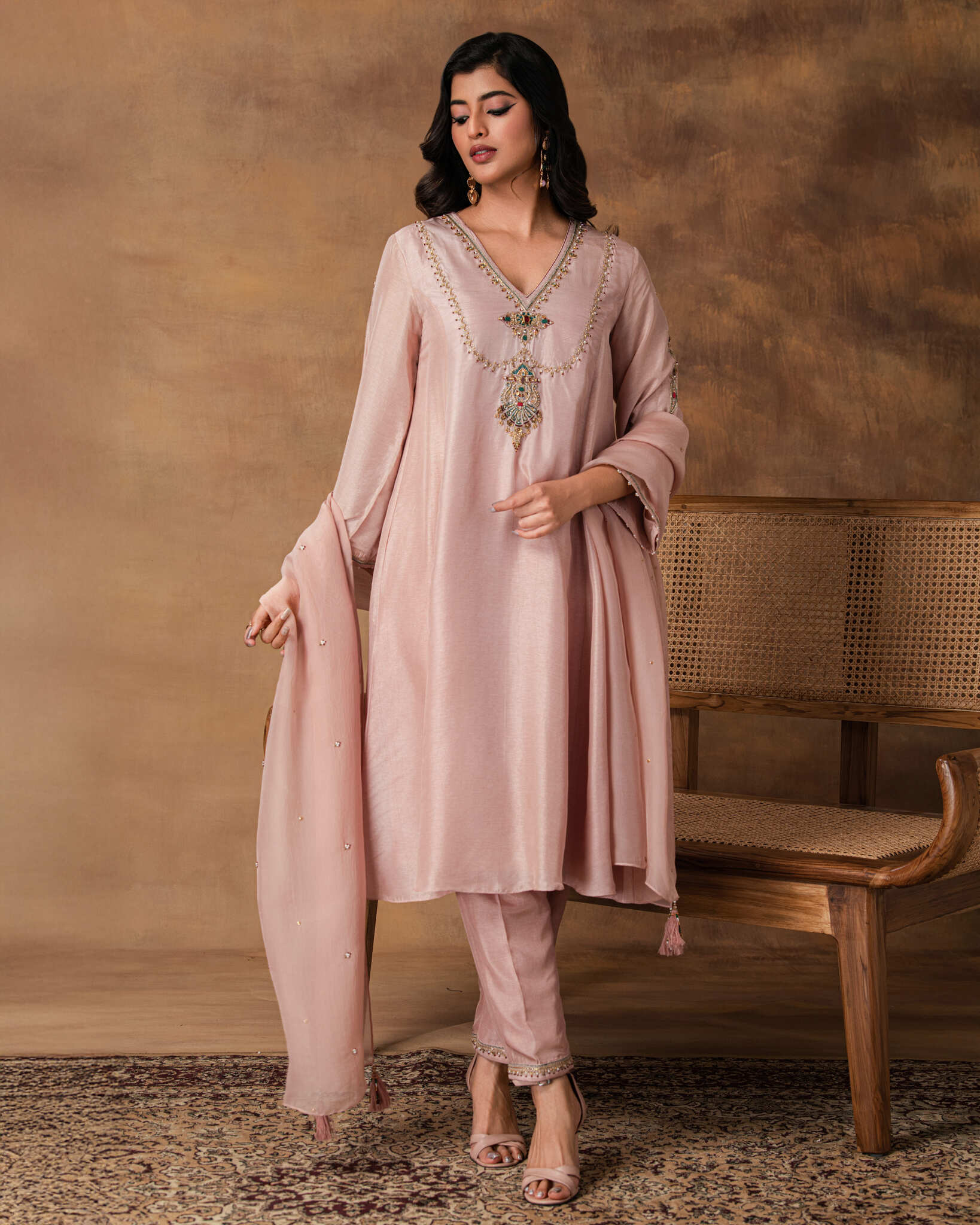 Pastel Pink silk embroidered kurta set
