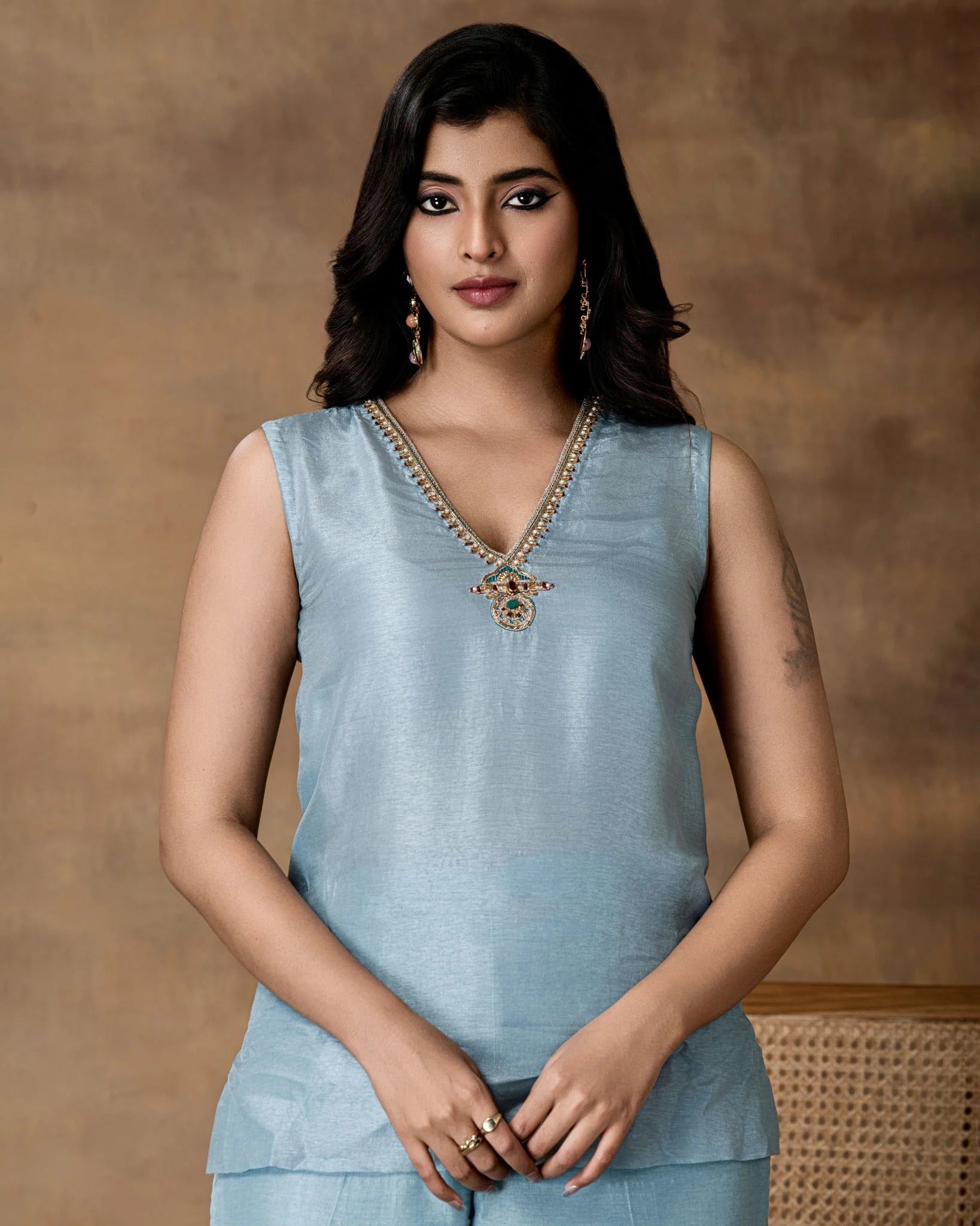 Metallic Pastel Blue silk embroidered kurta set
