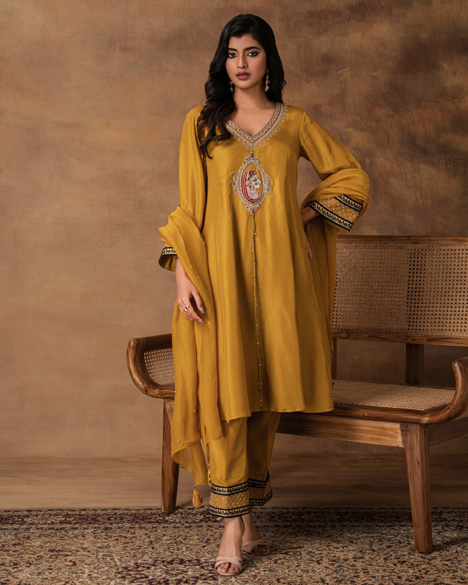 Golden Yellow silk embroidered kurta set