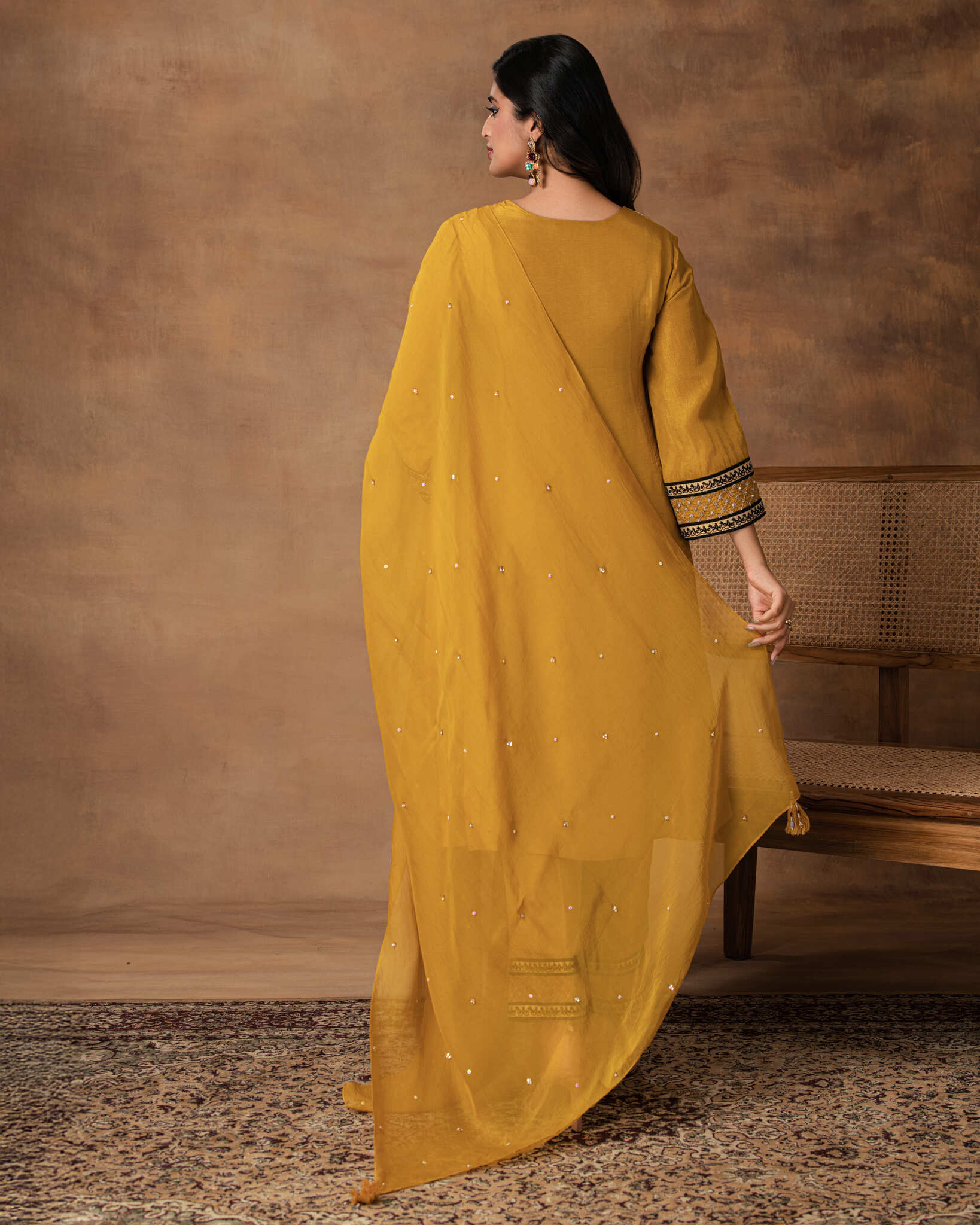 Golden Yellow silk embroidered kurta set