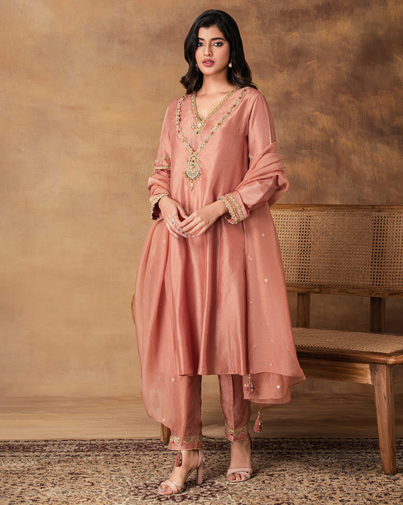 Mocha Pink silk embroidered kurta set