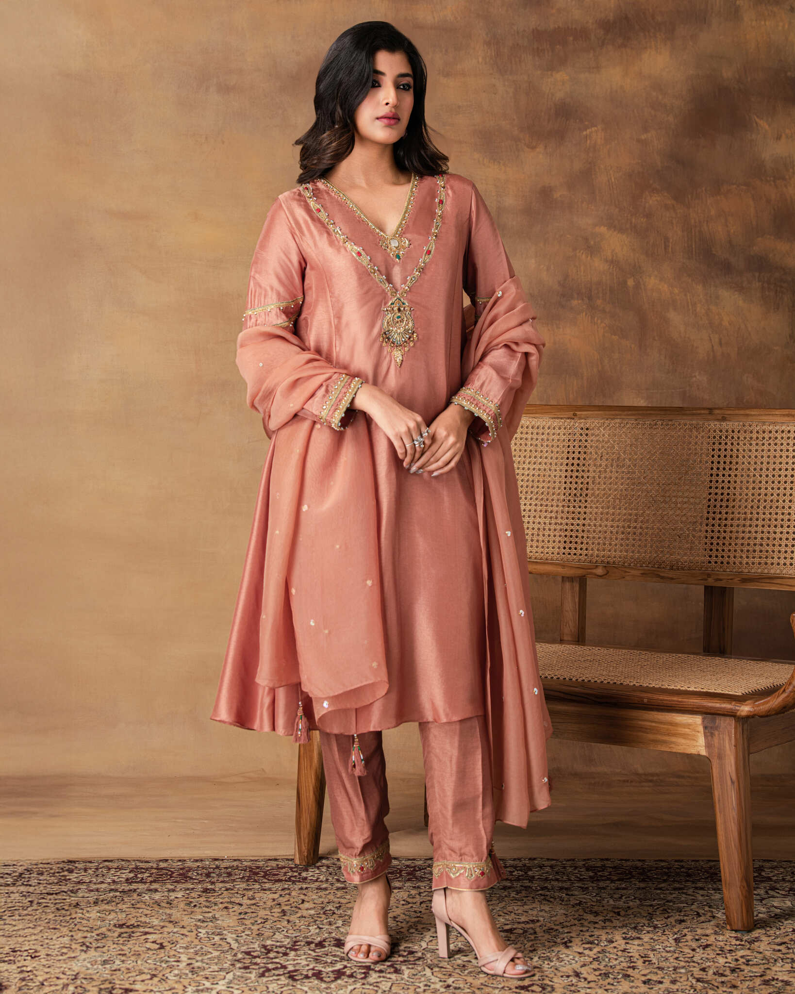 Mocha Pink silk embroidered kurta set