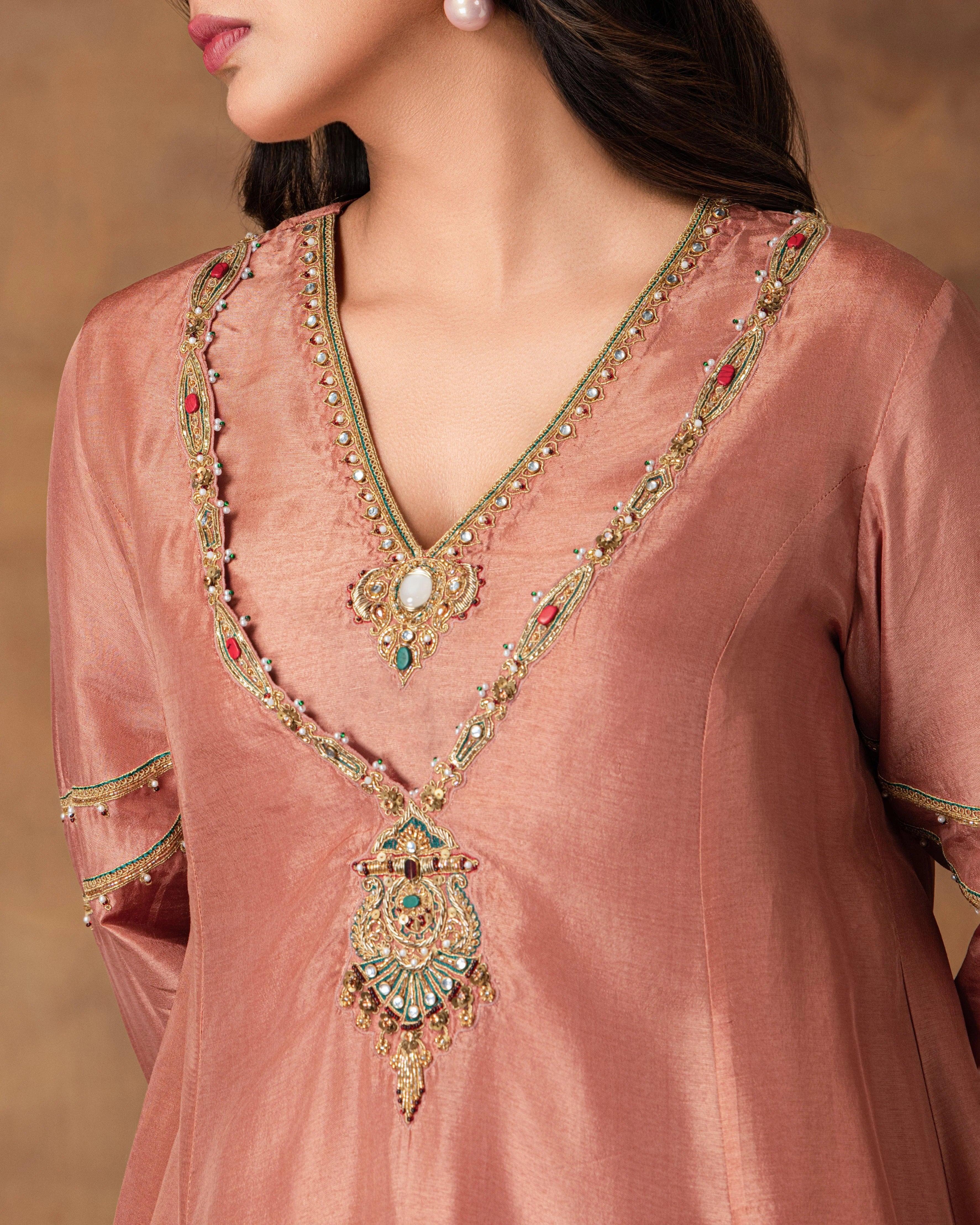 Mocha Pink silk embroidered kurta set
