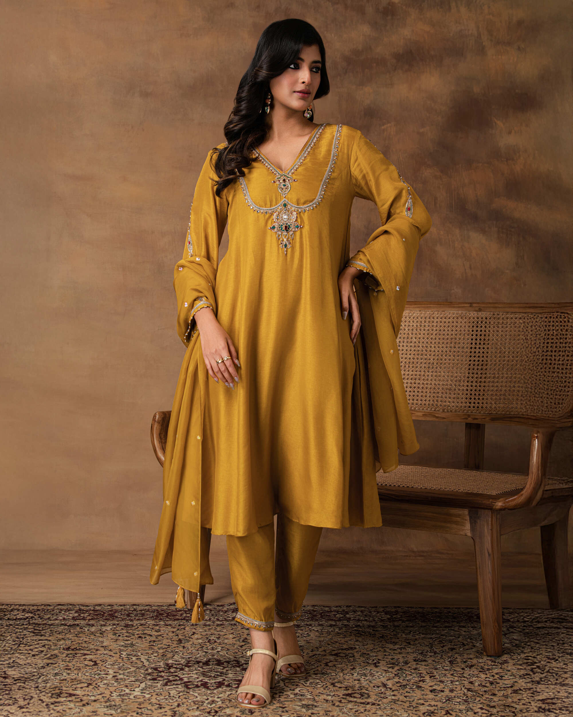 Golden Yellow silk embroidered kurta set