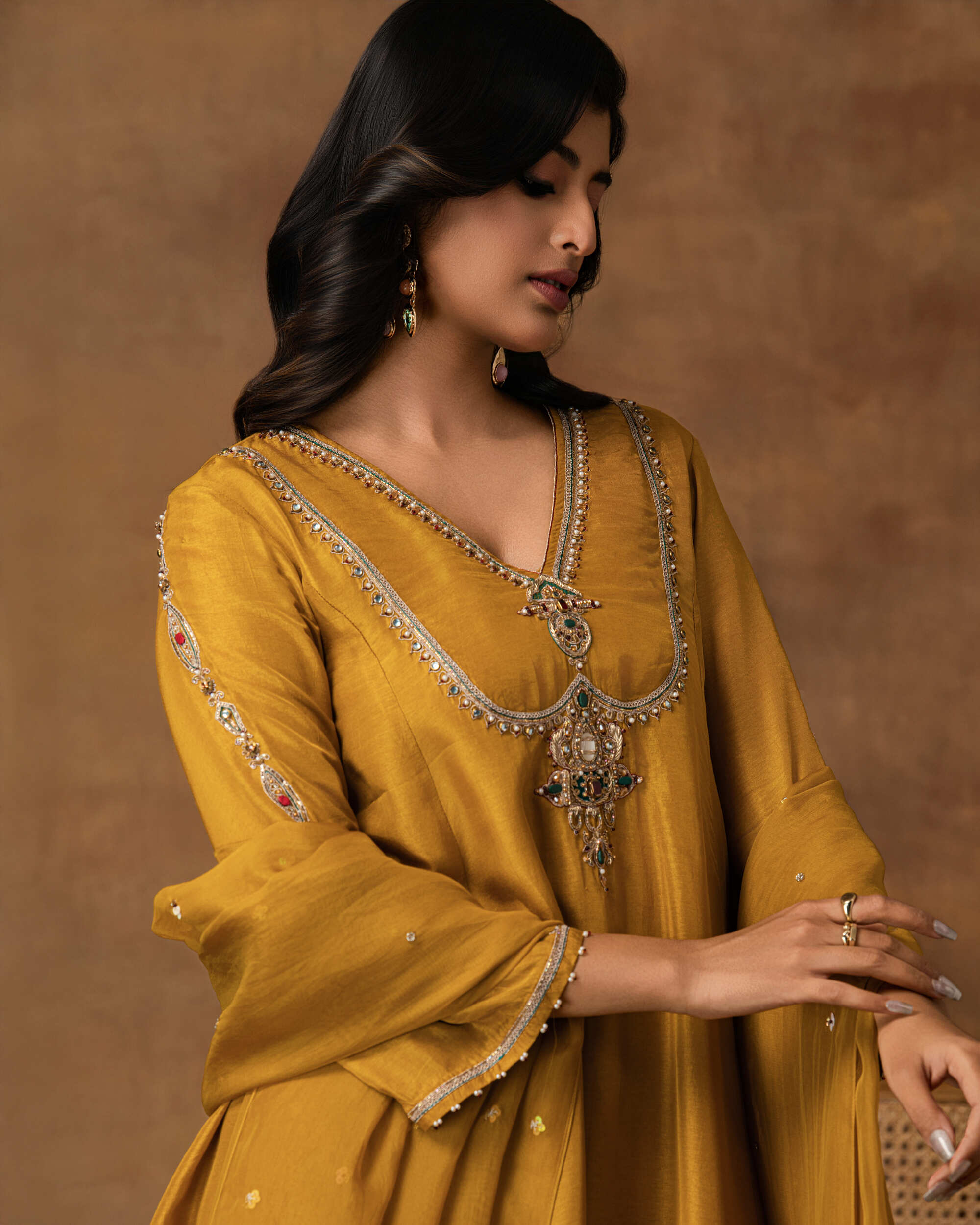 Golden Yellow silk embroidered kurta set