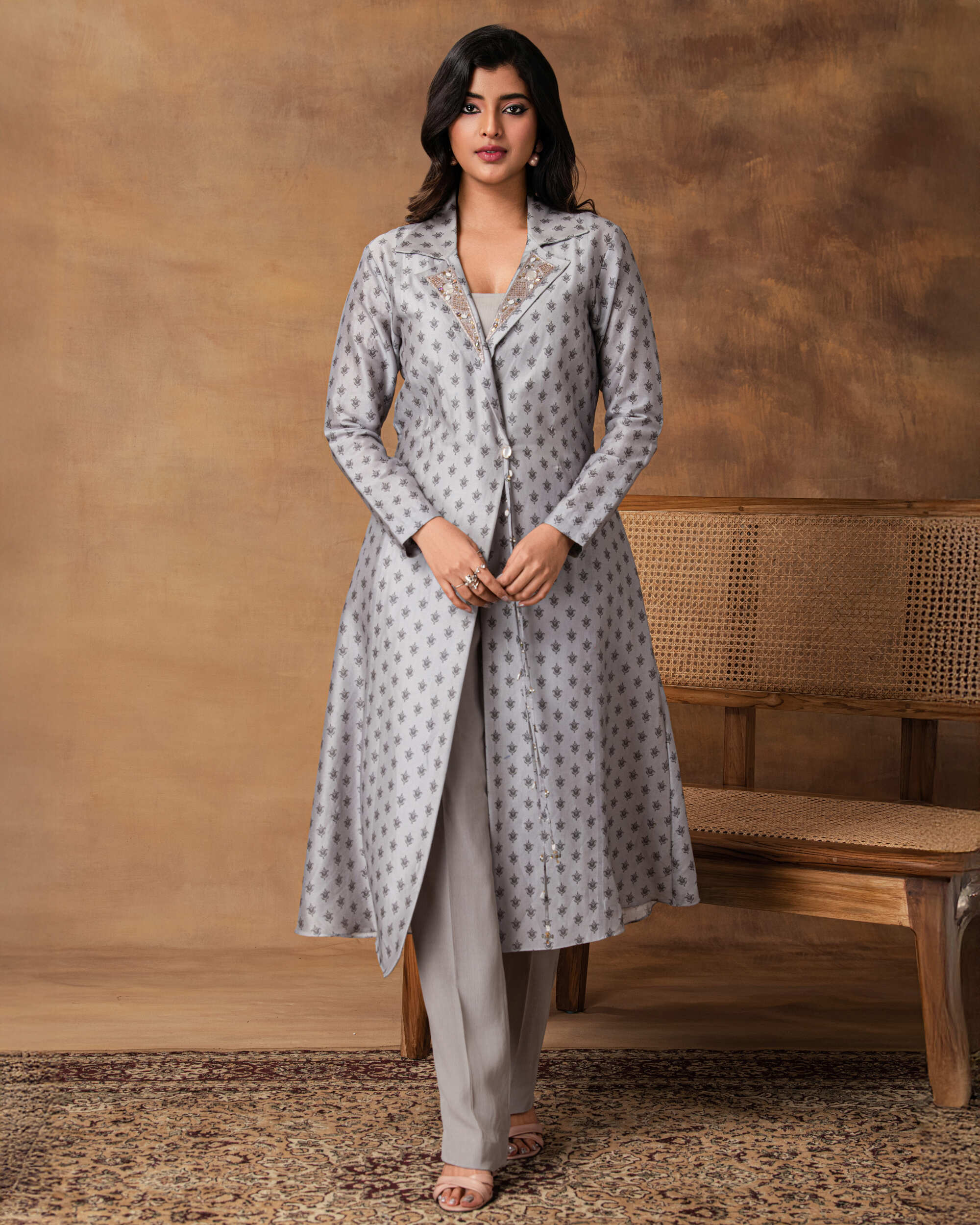 Steal Grey Printed Jacket Style Kurta Set