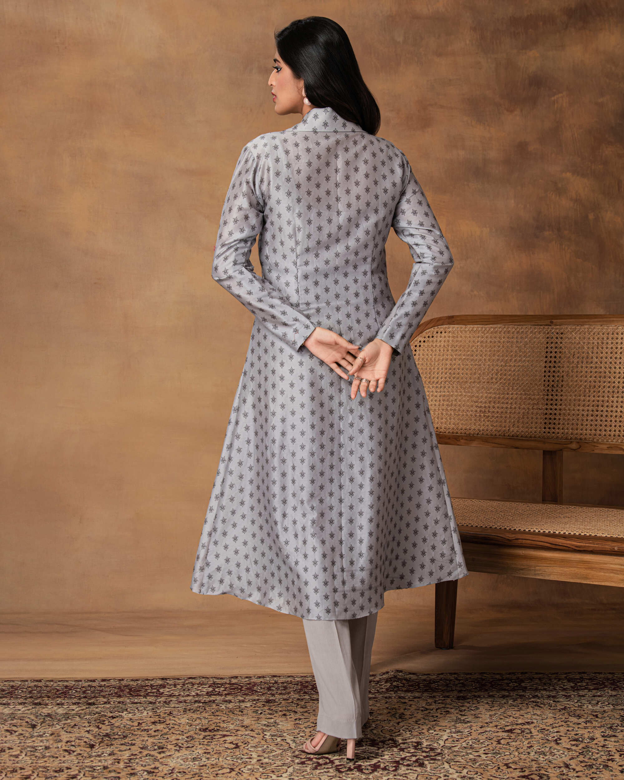 Steal Grey Printed Jacket Style Kurta Set