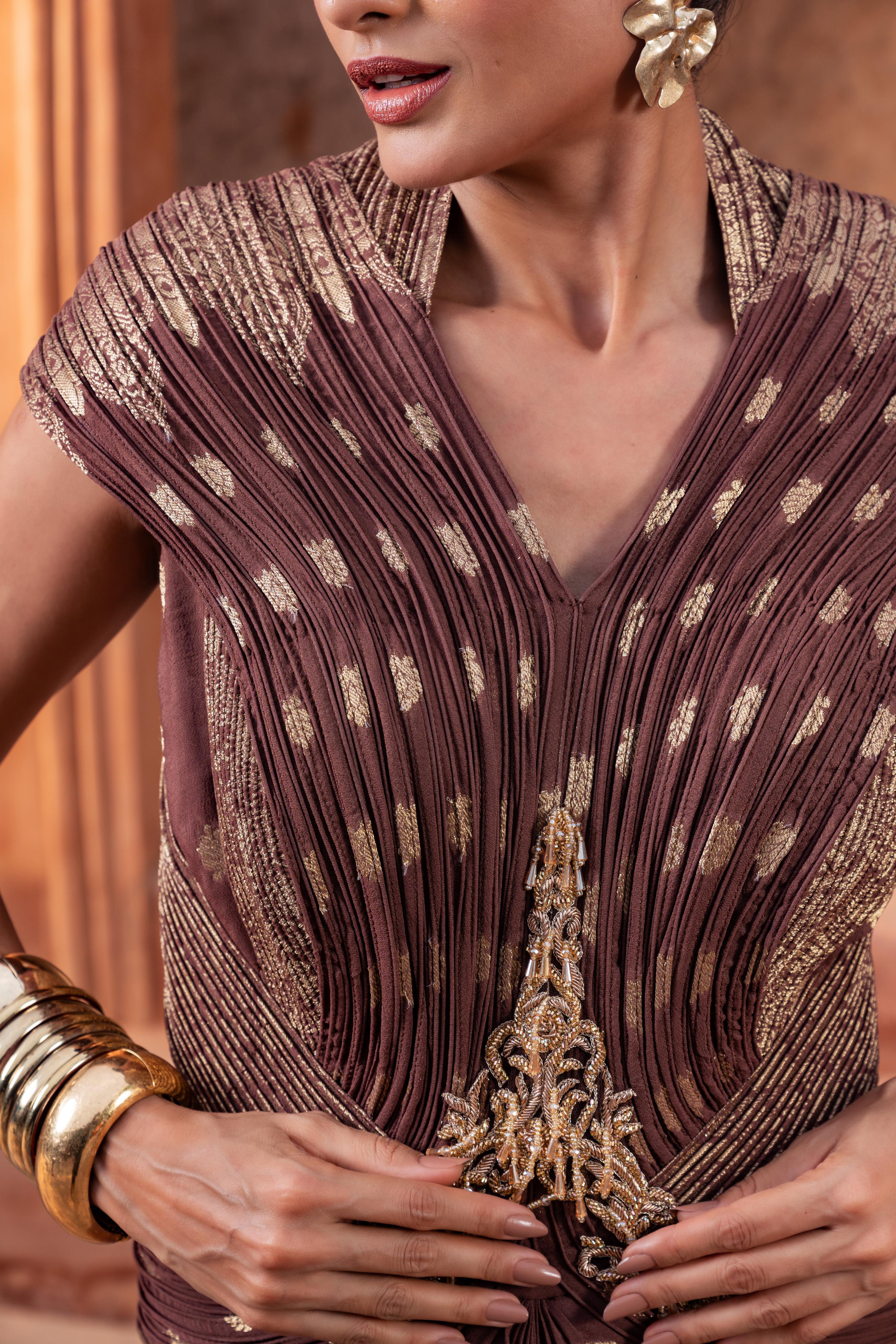Brown Embroidered Pre-Draped Saree