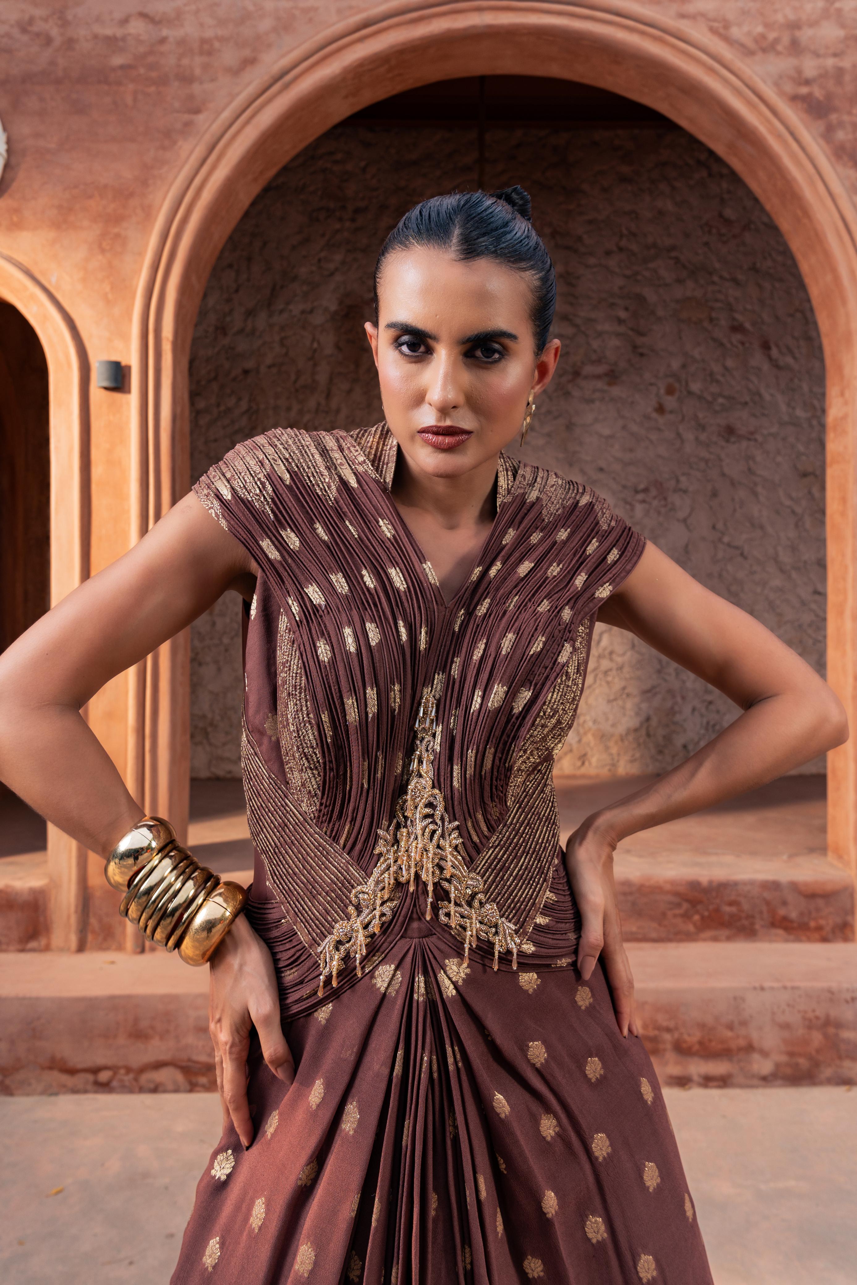 Brown Embroidered Pre-Draped Saree