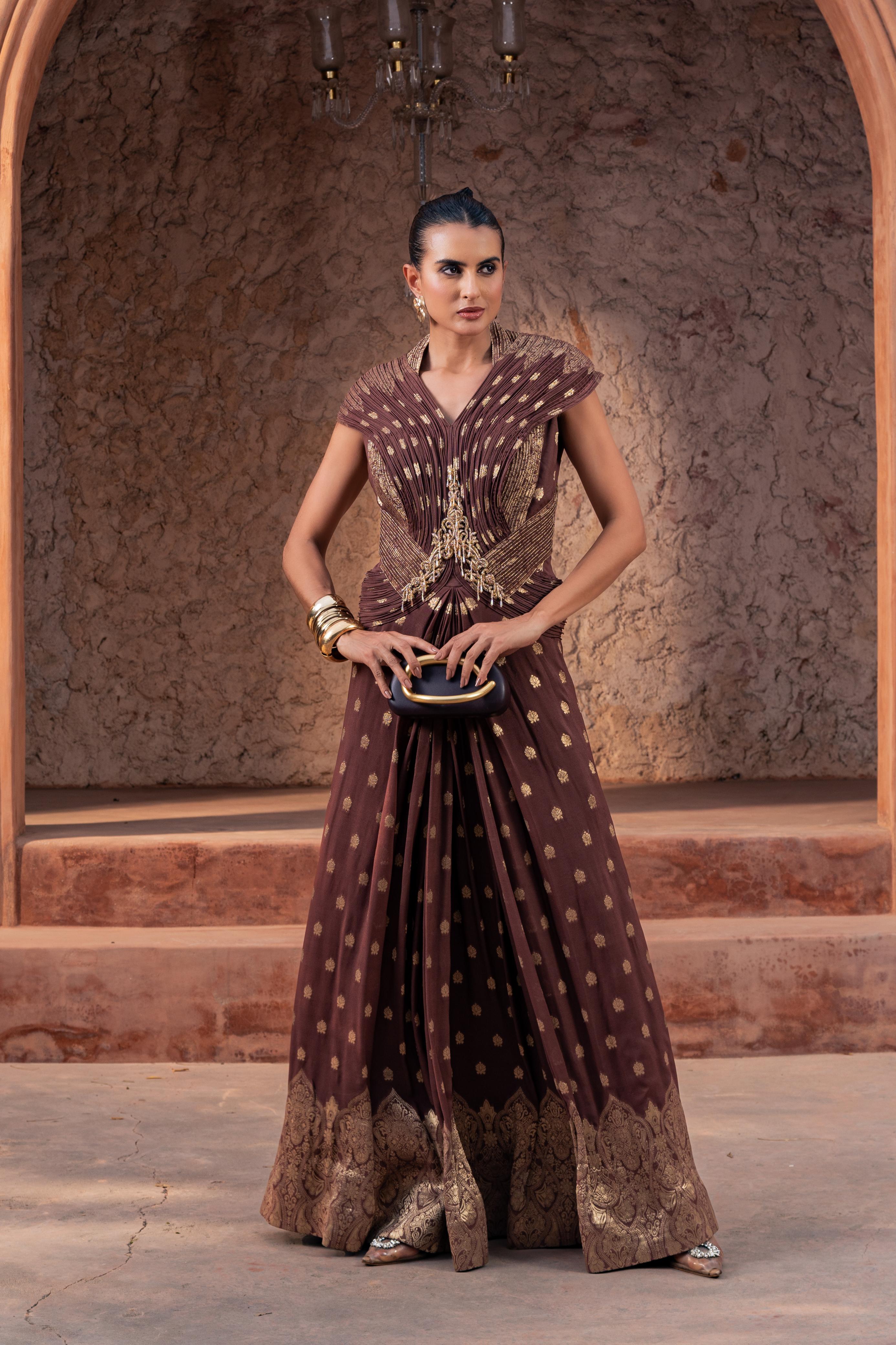 Brown Embroidered Pre-Draped Saree