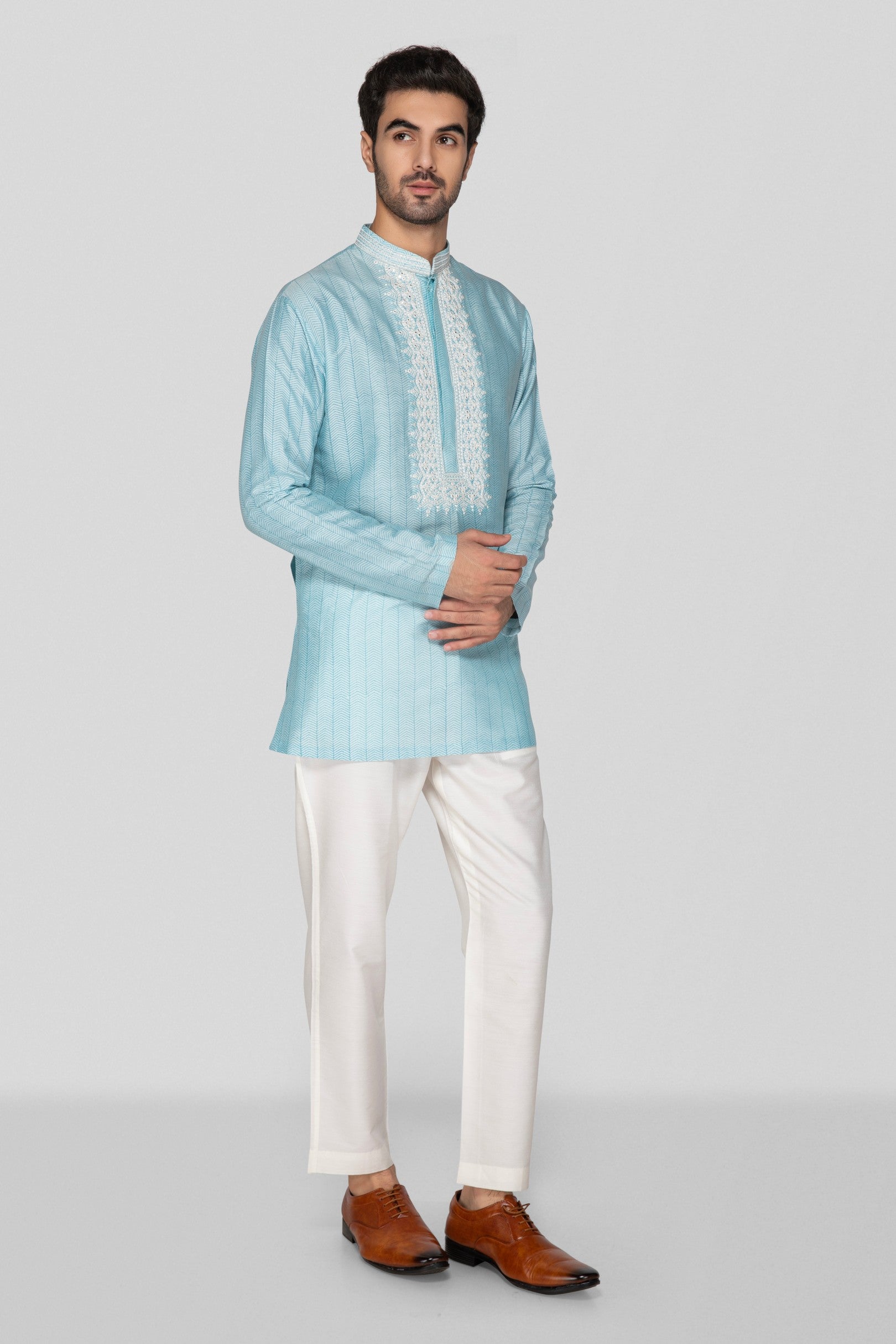 Sky Blue Hand Block Printed Short Kurta Set