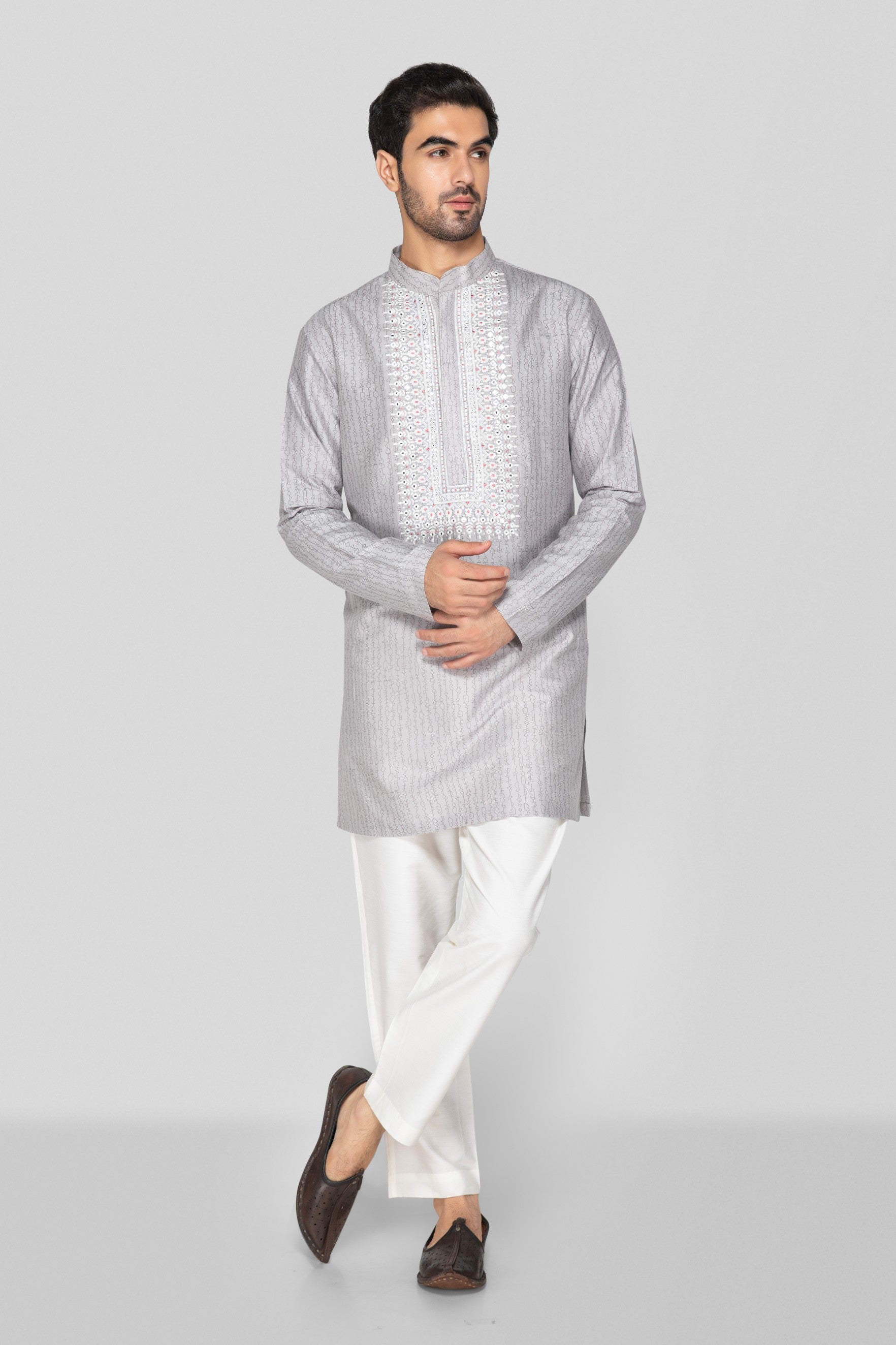 Grey Hand Block Printed Short Kurta Set