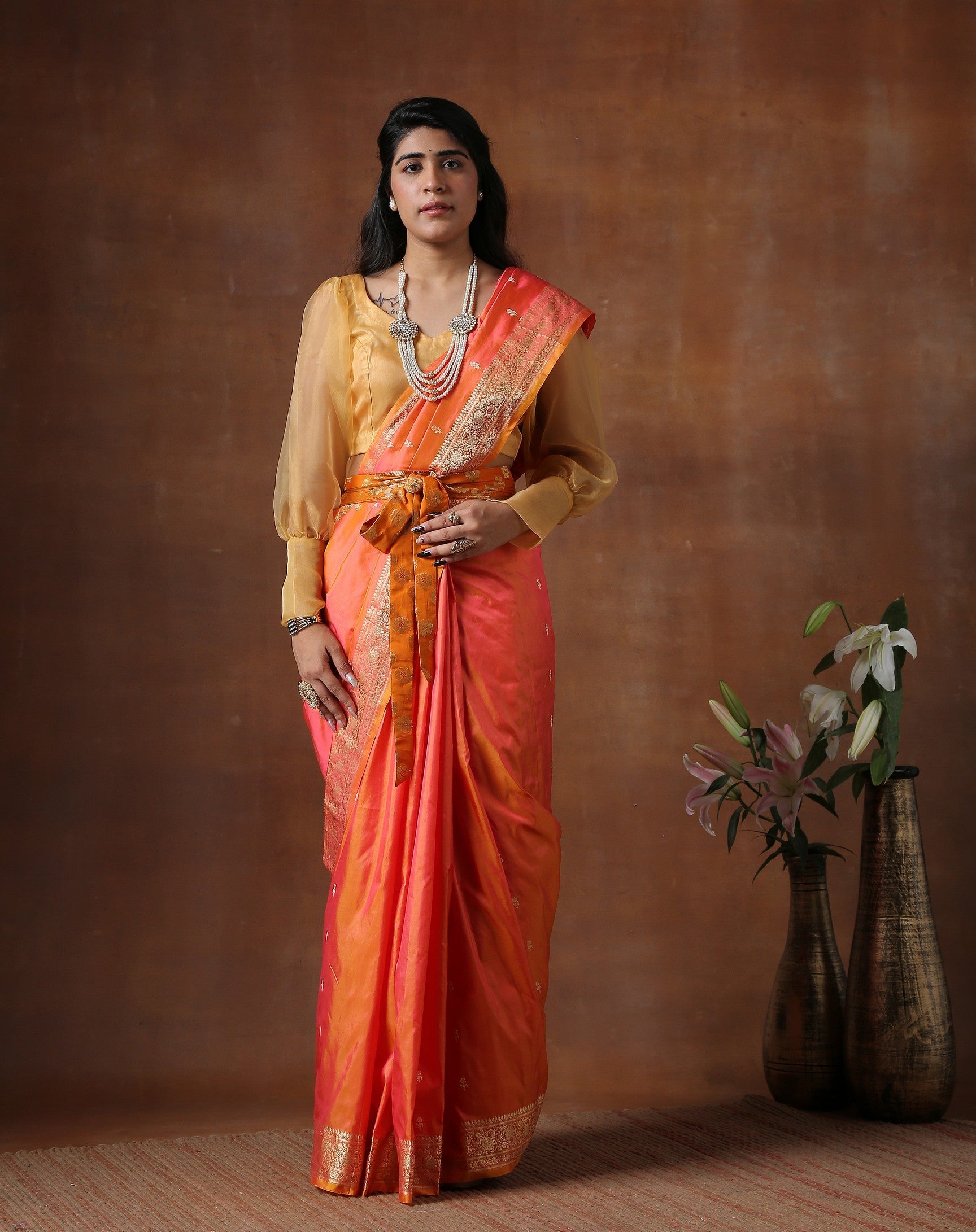 Orange Pure Katan Silk Banarasi handloom saree