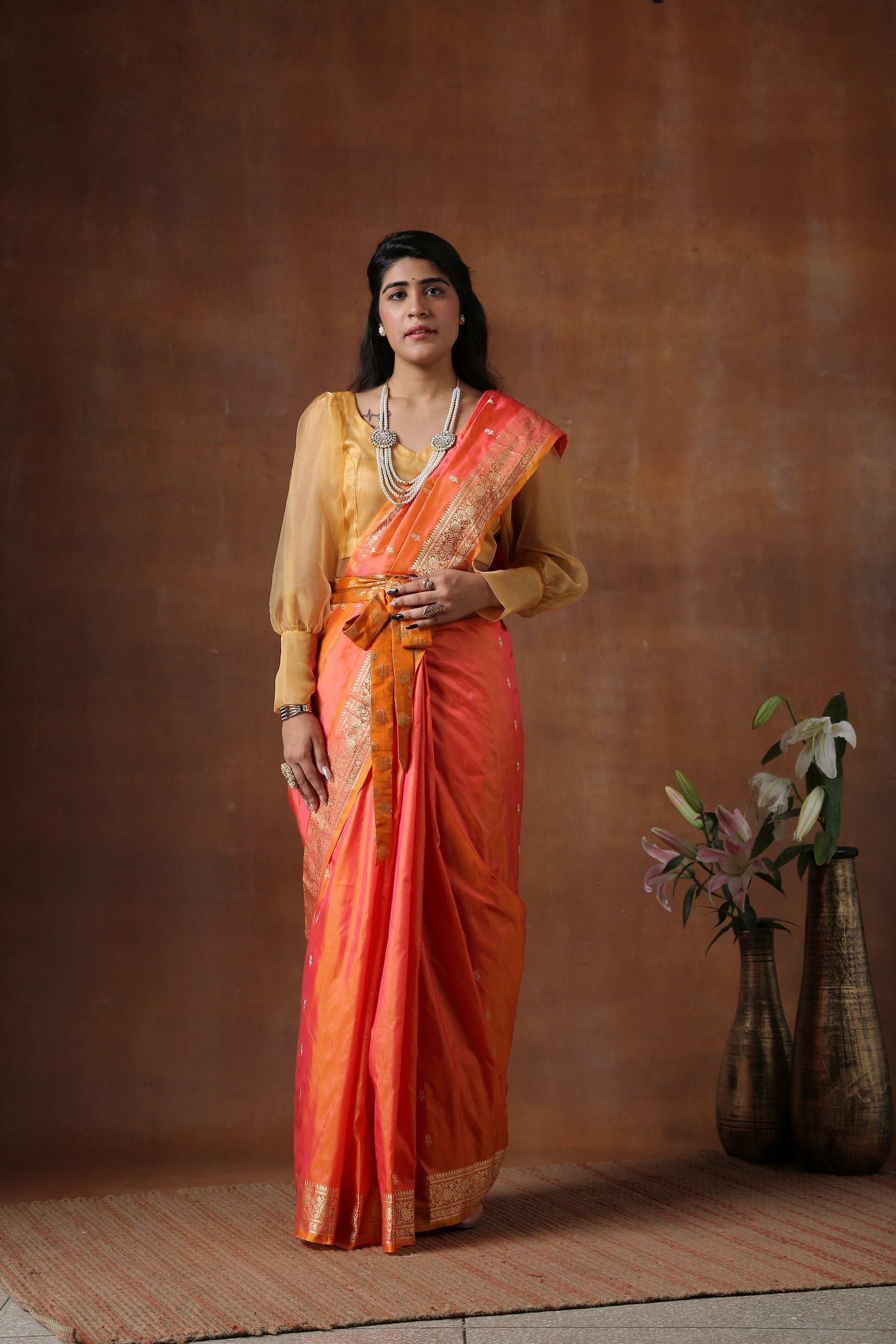 Orange Pure Katan Silk Banarasi handloom saree