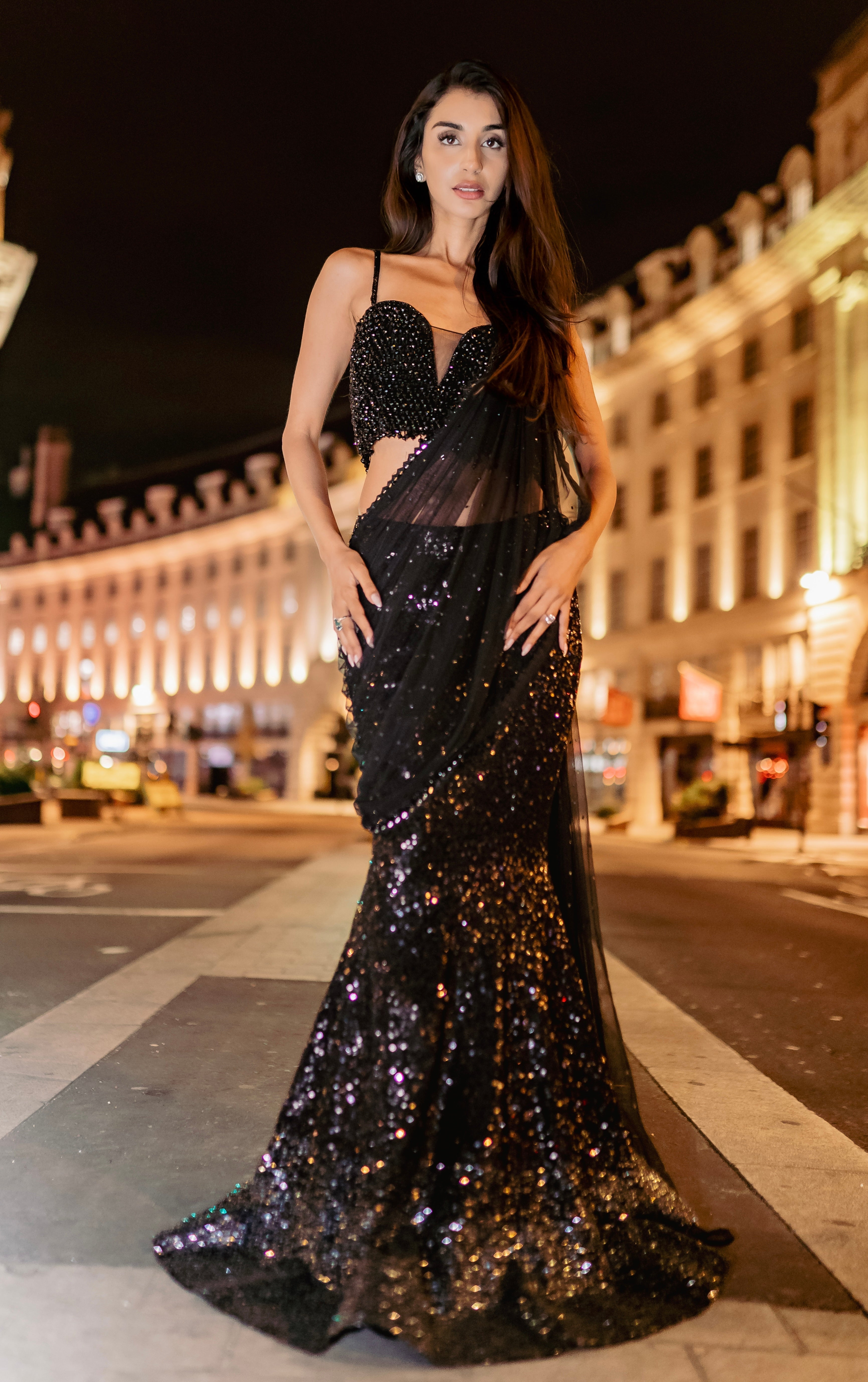 Black drape sequins saree