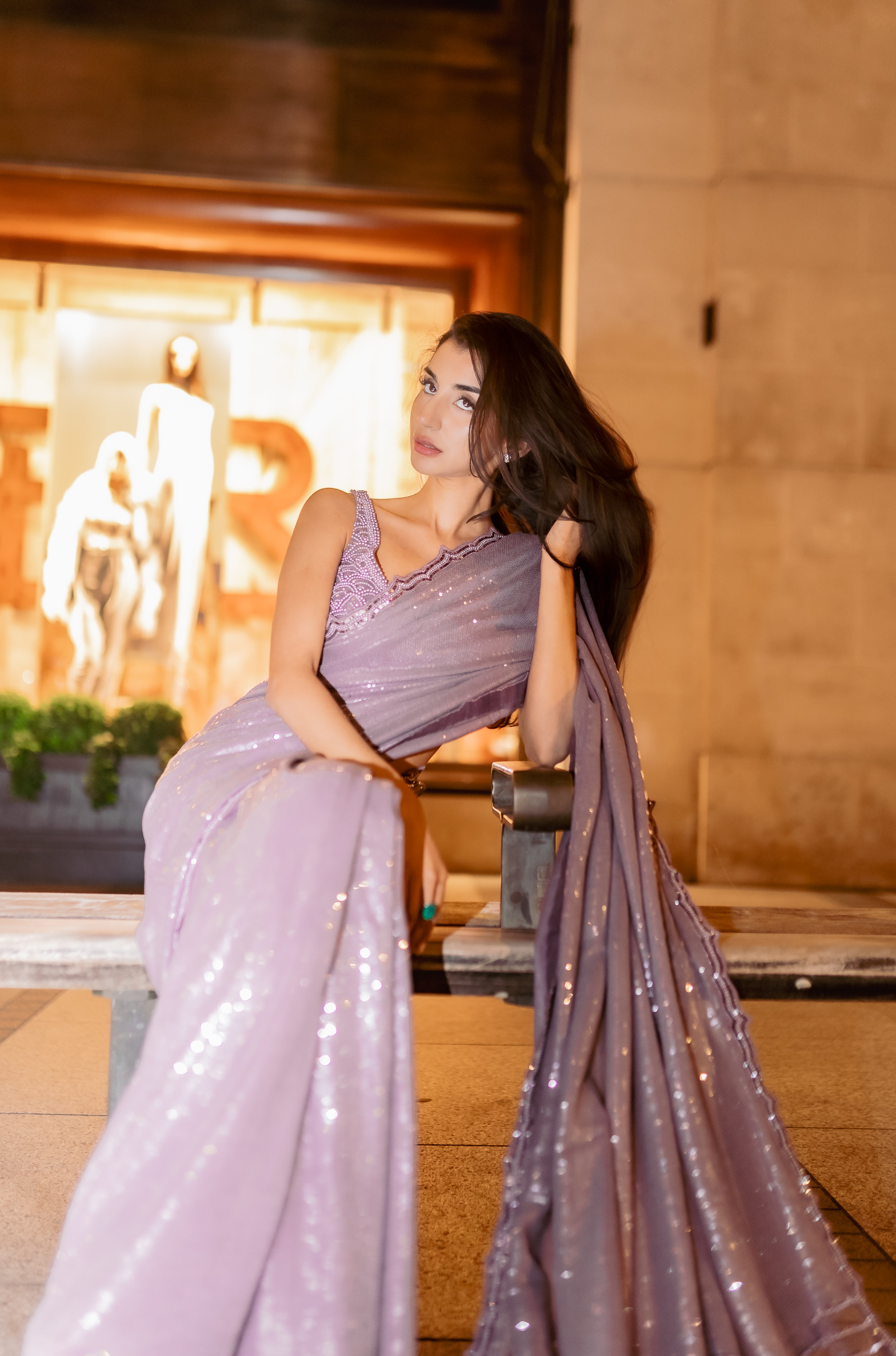 Lavender sequins pearl saree
