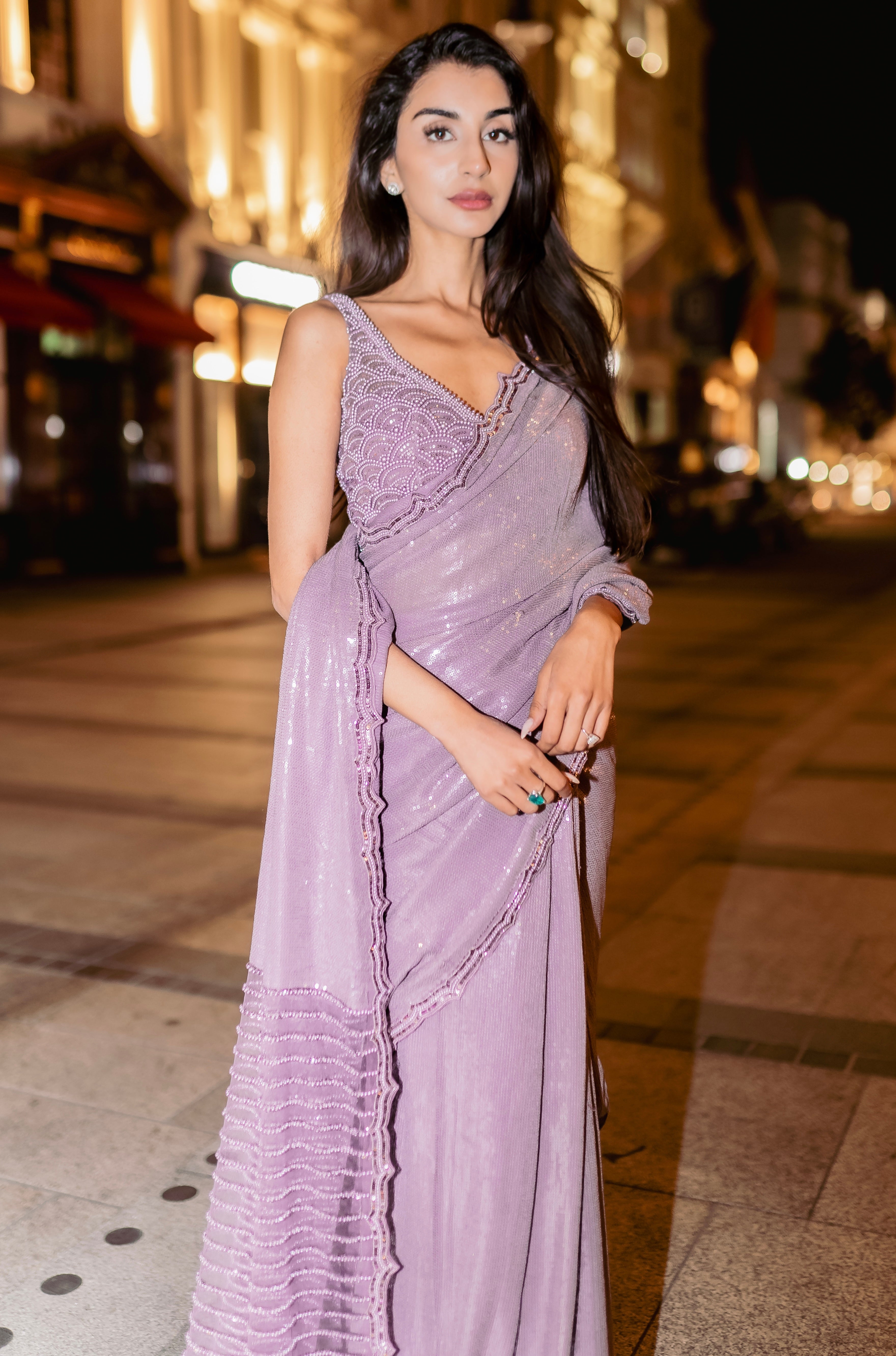 Lavender sequins pearl saree