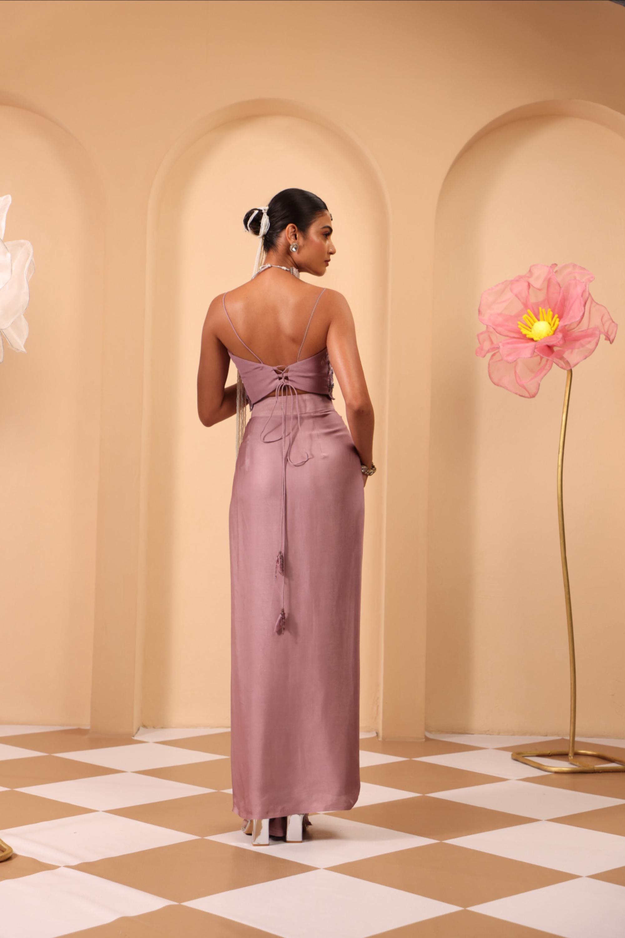 Purple Hand Embroidered Strappy Blouse with Drape Skirt