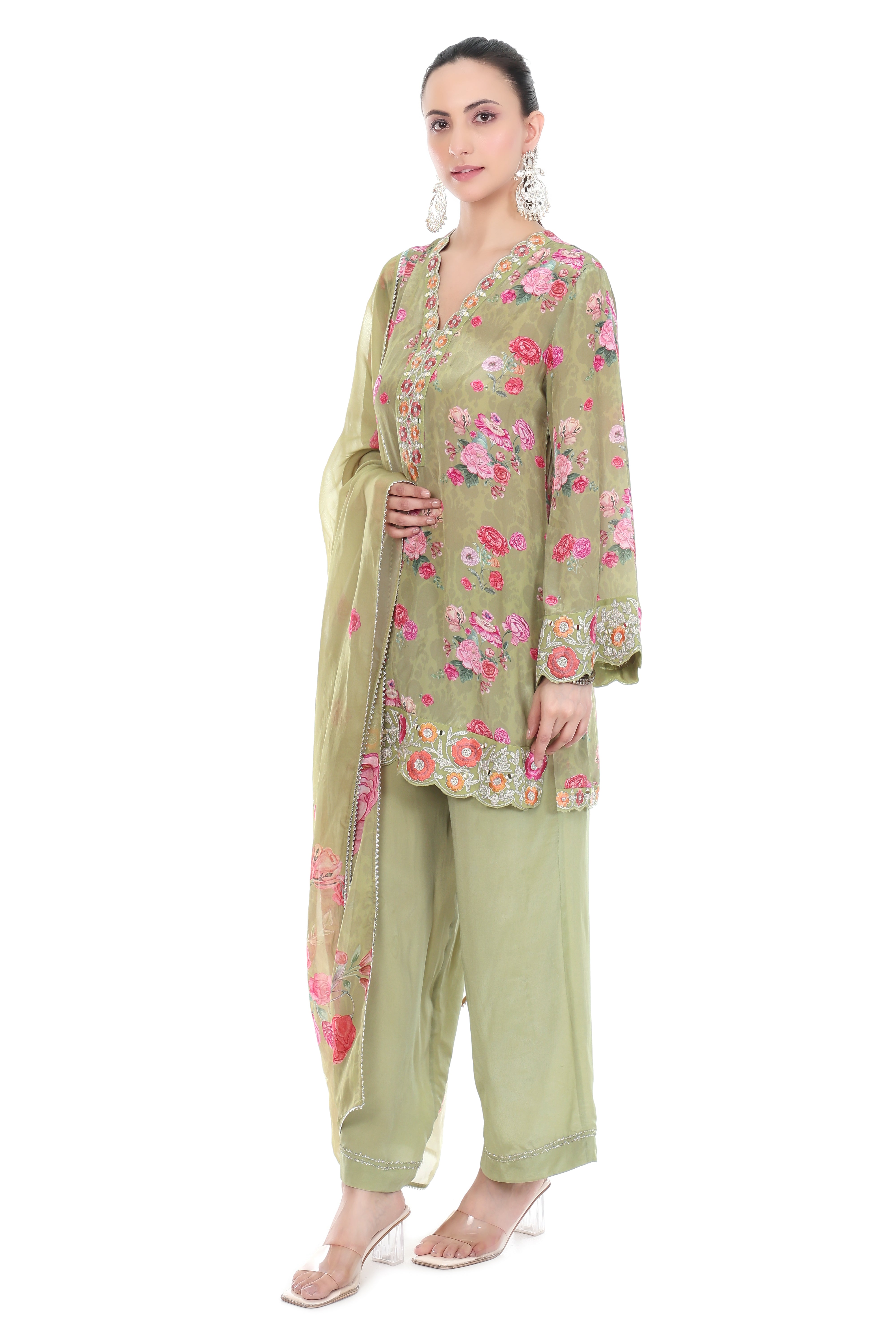 Green Embroiderd Floral Short Kurta Set