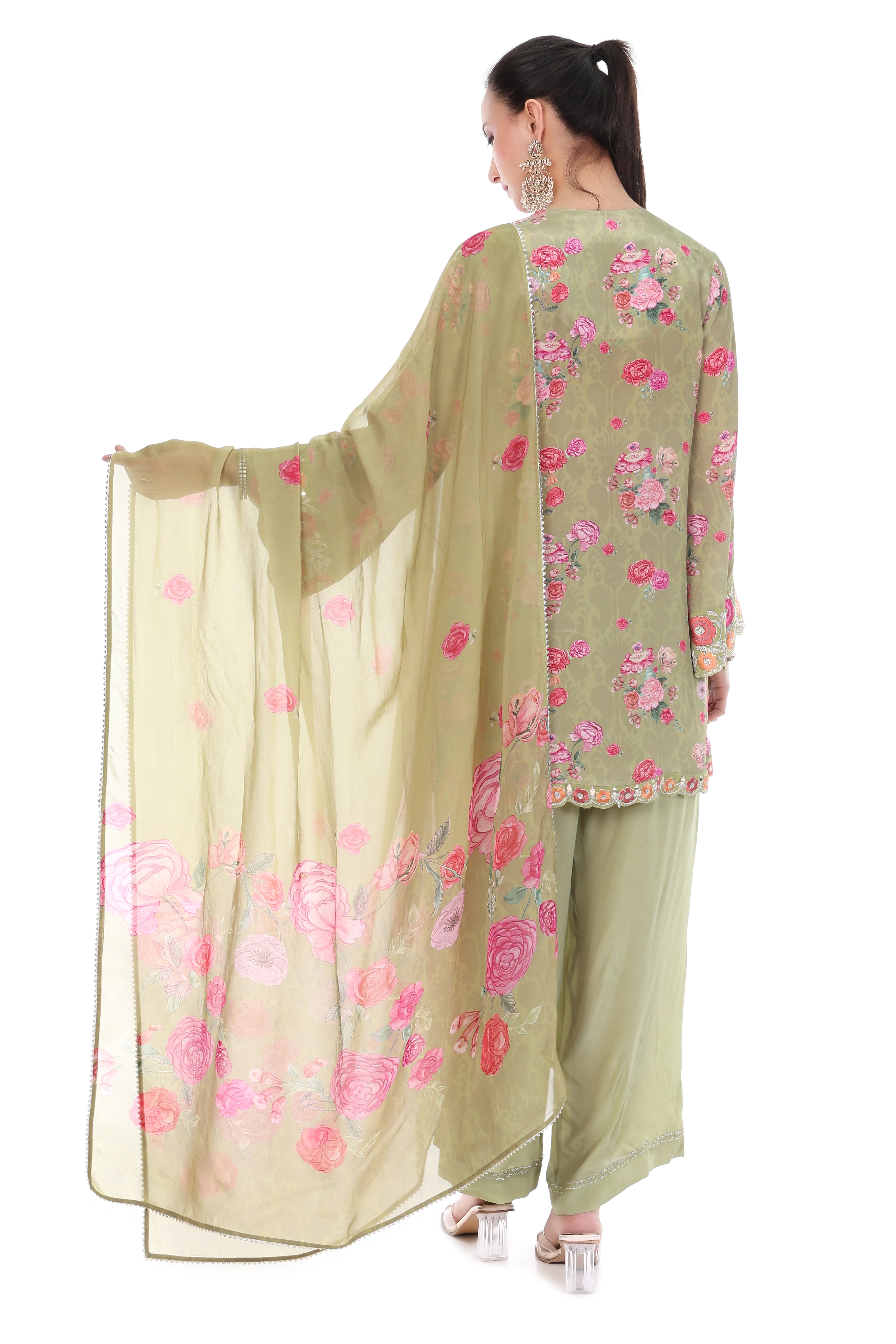 Green Embroiderd Floral Short Kurta Set